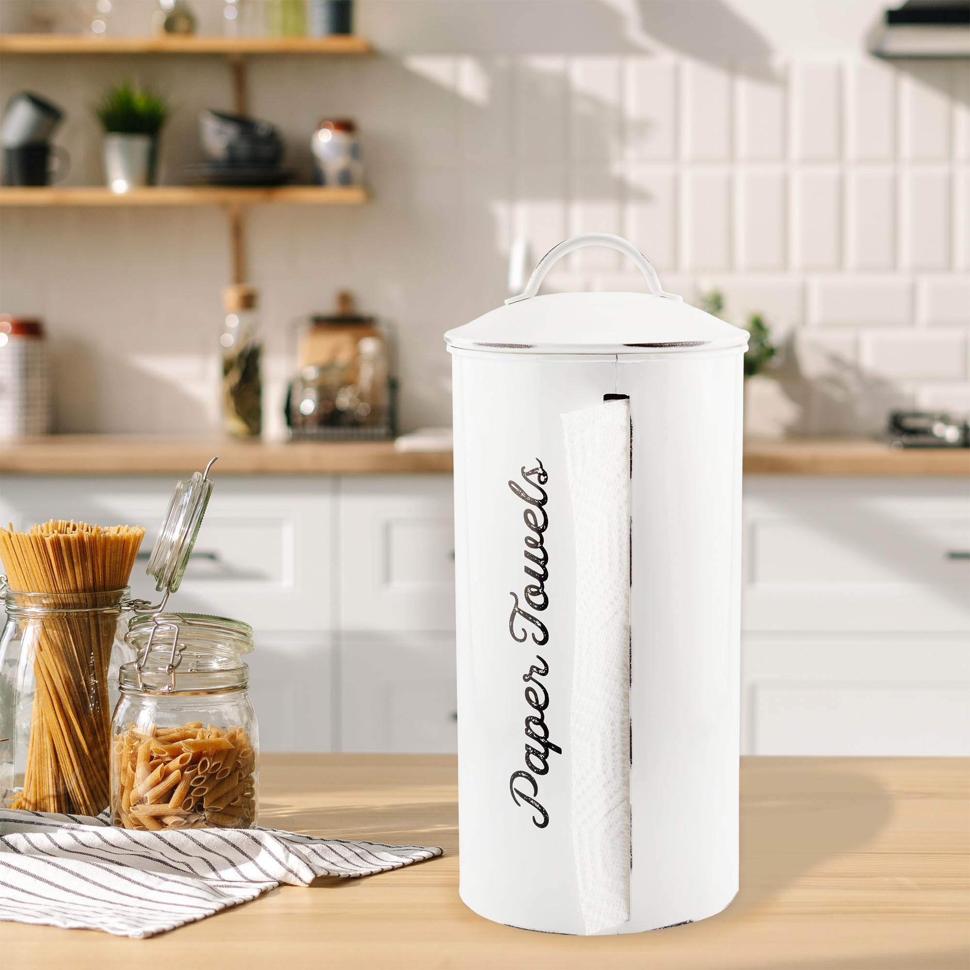 Auldhome Farmhouse Paper Towel Holder (White); Rustic Enamelware Countertop Paper Towel Dispenser For Kitchen