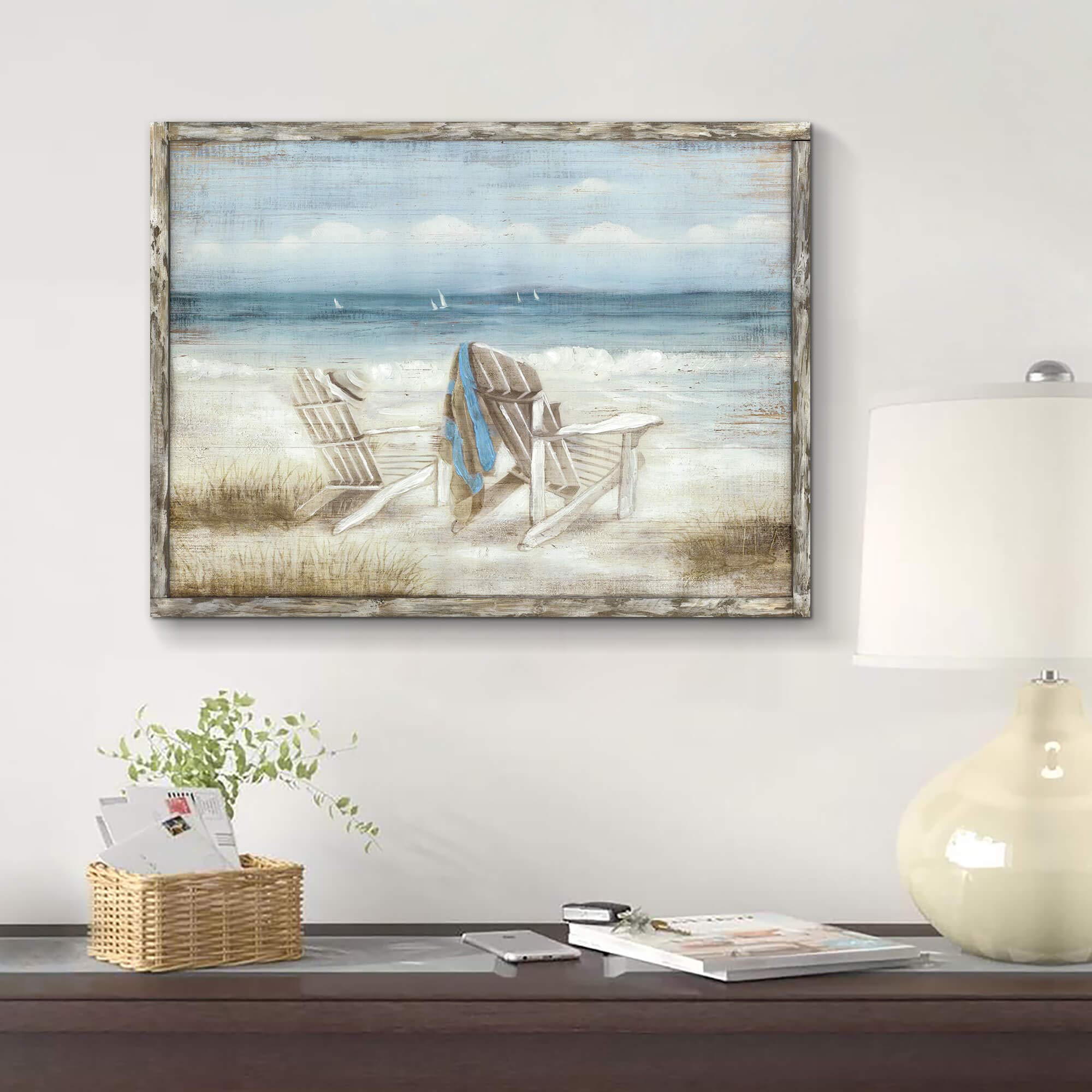 Tar Tar Studio Abstract Seascape Framed Wall Art: Beach Chair On Sand Hand Painted Painting Print For Bedroom (24'' W X 18'' H,