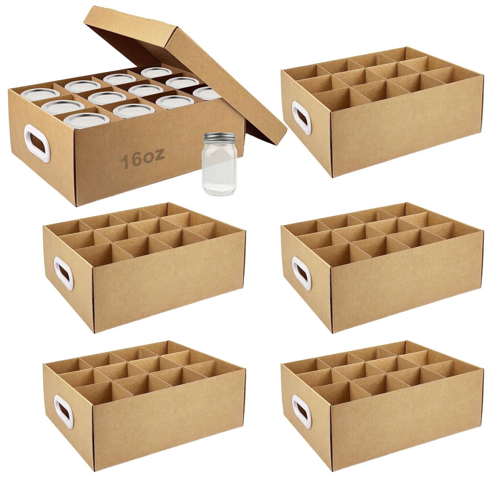 SkyJourney 6 Pcs Canning Jar Storage Boxes, Cardboard Mason Jar Storage Box, 16 oz with Handles and Dividers, Stackable Mason Ja