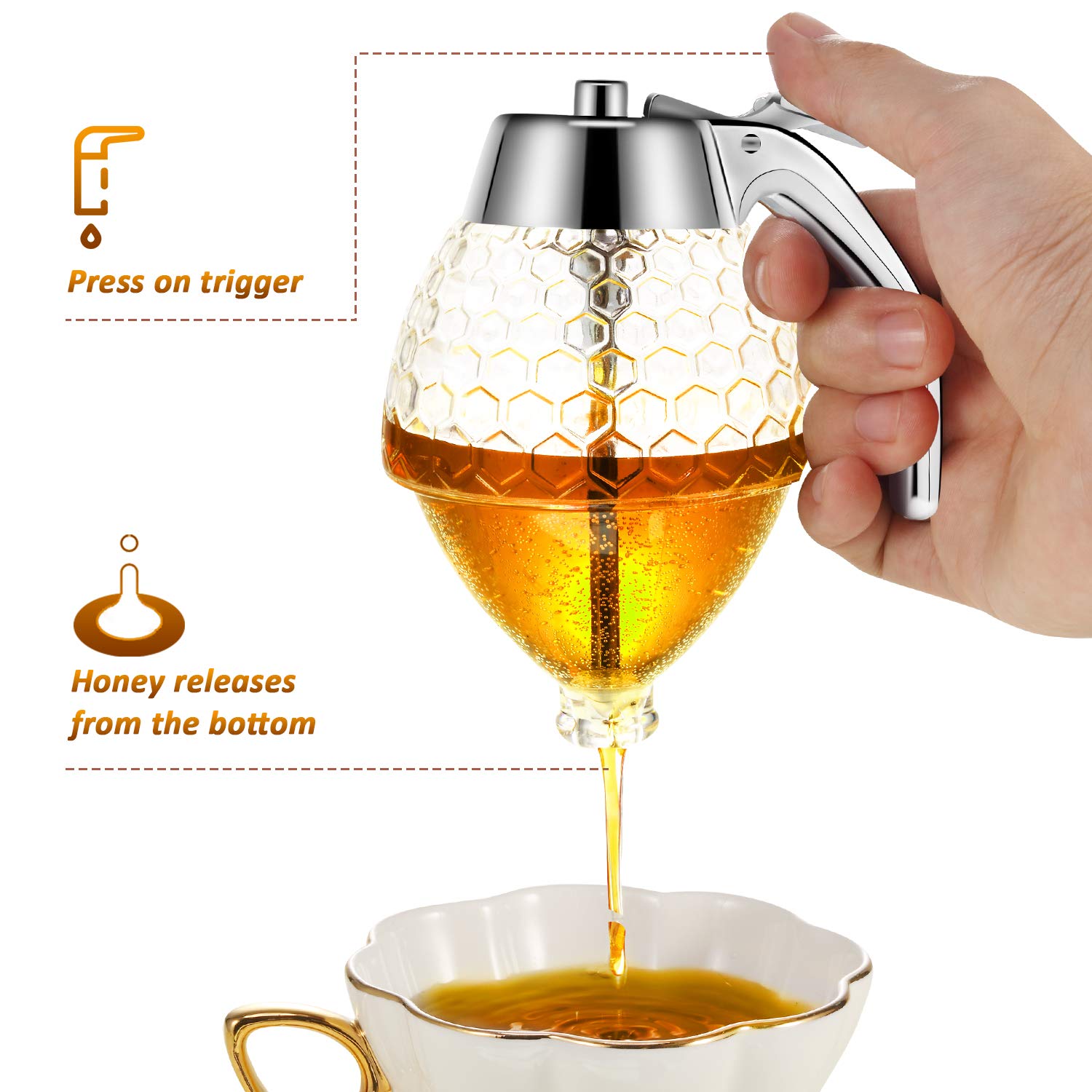 Boao Acrylic Honey Dispenser With Stand Honey Comb Shaped Honey Pot, Syrup And Sugar Jar Pot, No Drip Honey Dispenser With High