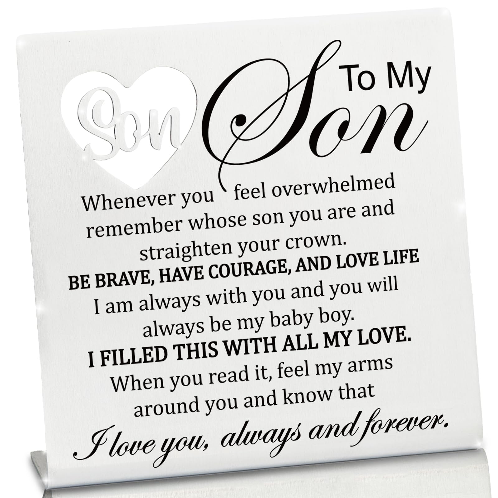 Stainless Steel Desk Plaque with Brave Quote, Courage & Brave Desk Decor for Son from Mom, Heartwarming Present for Son on Gradu