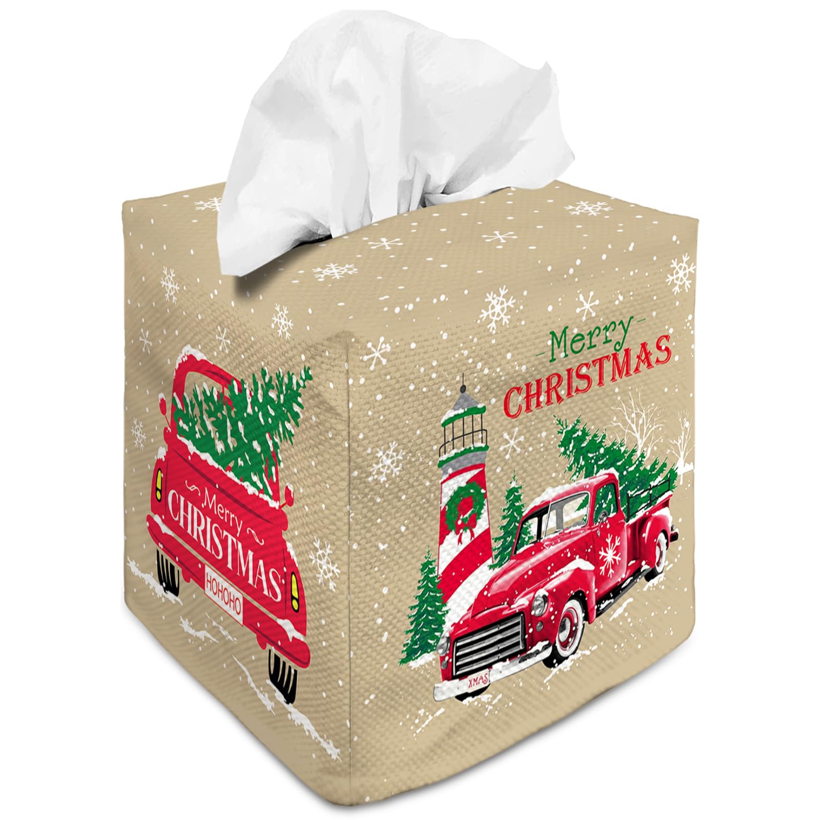Tissue Box Cover Square Canvas Decorative Tissue Box Holder Cute Funny Cube Tissue Case Cover-Xmas Decor Christmas Car Tissue Bo