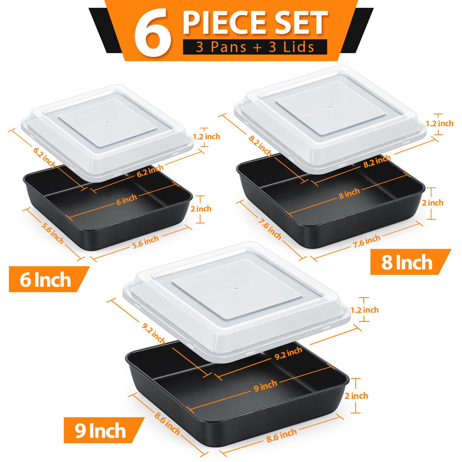 E-Far 6/8/9-Inch Square Cake Pan With Lid Set, Non-Stick Square Baking Brownie Pans Bakeware Set Of 3, Stainless Steel Core & Ea