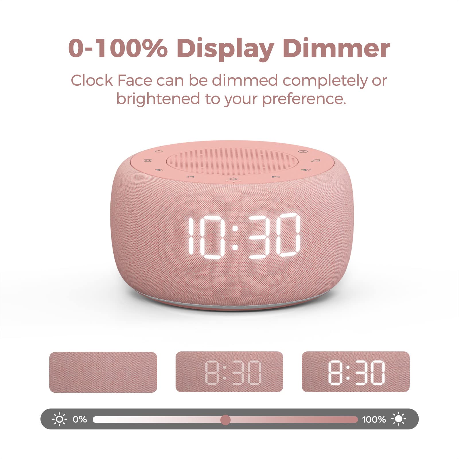 BUFFBEE Sound Machine & Alarm Clock - 2-in-1, 30-Level Volume Control, Sleep Timer, Pink, Model BK11P