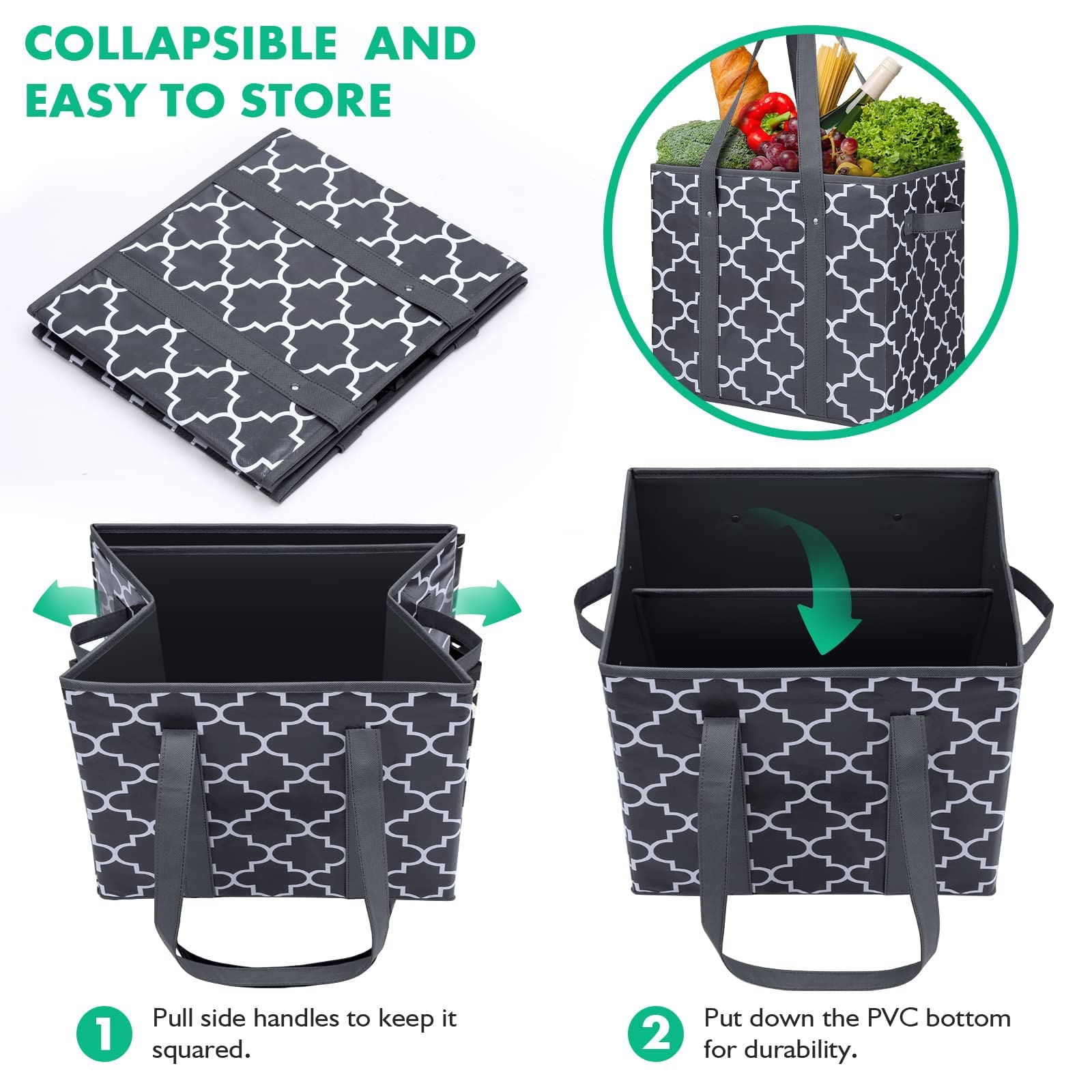 Wiselife Reusable Grocery Bags 2-Pack Foldable Washable Large Storage Bins Basket Water Resistant Shopping Tote Bag Dark Grey
