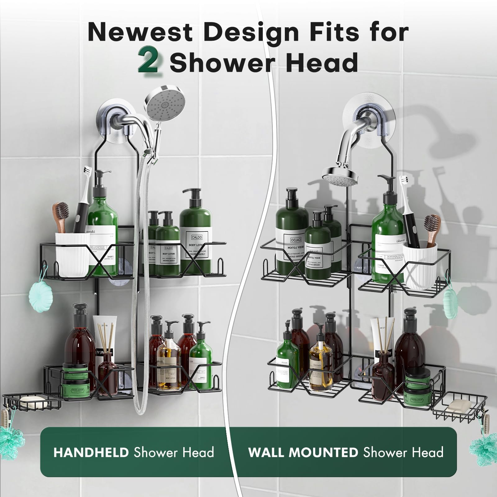 Sewulidon Hanging Shower Caddy - Adjustable Height, 2 Tiers, Iron, Black, Model SEWU0001NYL - Perfect Organizer for Handheld Shower Heads