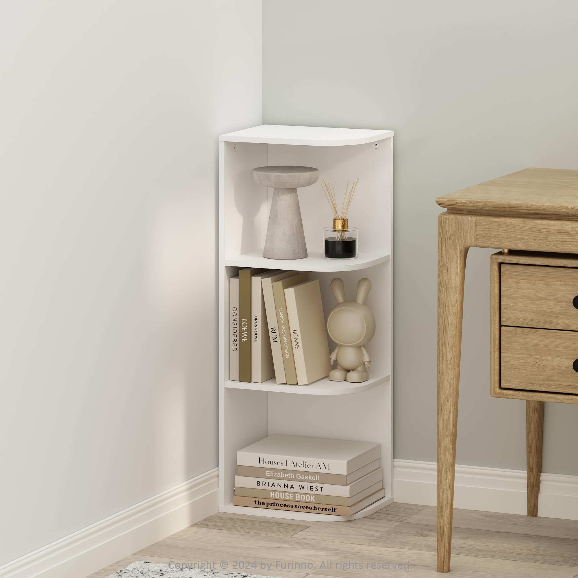 Furinno Reed 3-Tier Space Saving Corner Storage Display Shelf, White