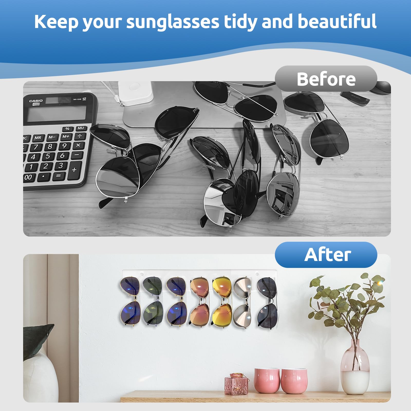 Meaocer Sunglasses Organizer 2 Pack, Wall Glasses Holder, Acrylic Sunglasses Display, Eyeglass Organizer For Multiple Glasses Fo