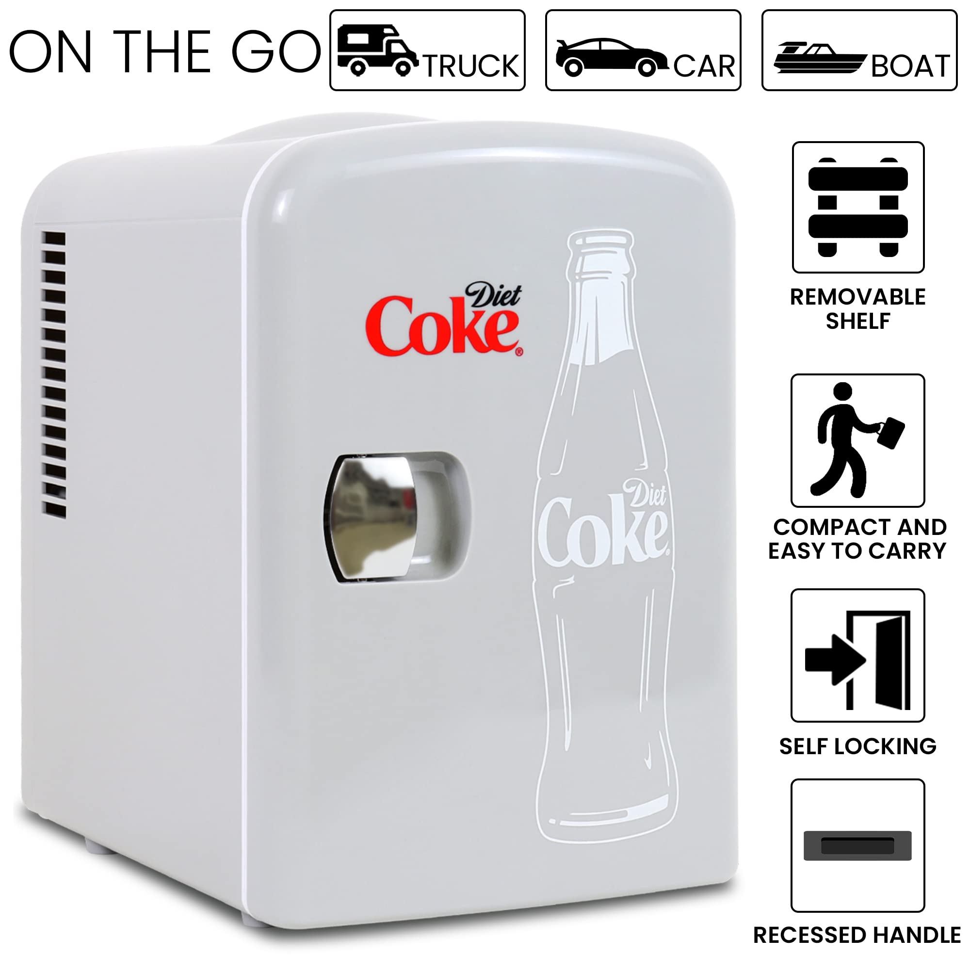 Coca-Cola Diet Coke 4L Cooler/Warmer w/ 12V DC and 110V AC Cords  6 Can Portable Mini Fridge  Personal Travel Refrigerator for Snacks Lunch Drinks Cosmetics  Desk Home Office Dorm  Gray