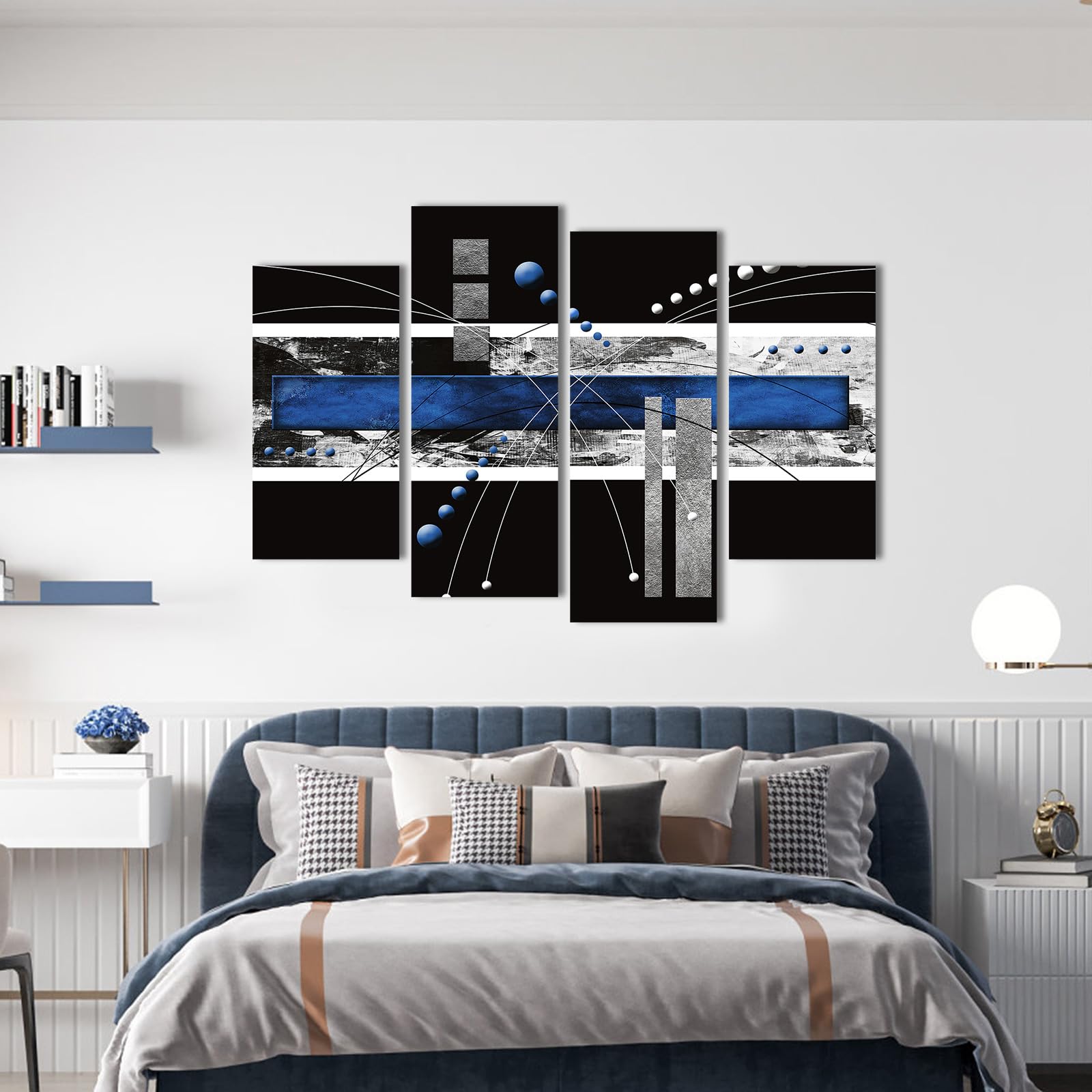 Ypy Black Blue Canvas Wall Art - 4 Panels Modern Abstract Picture Set For Home Decoration - Extra Large Contemporary Painting Ar