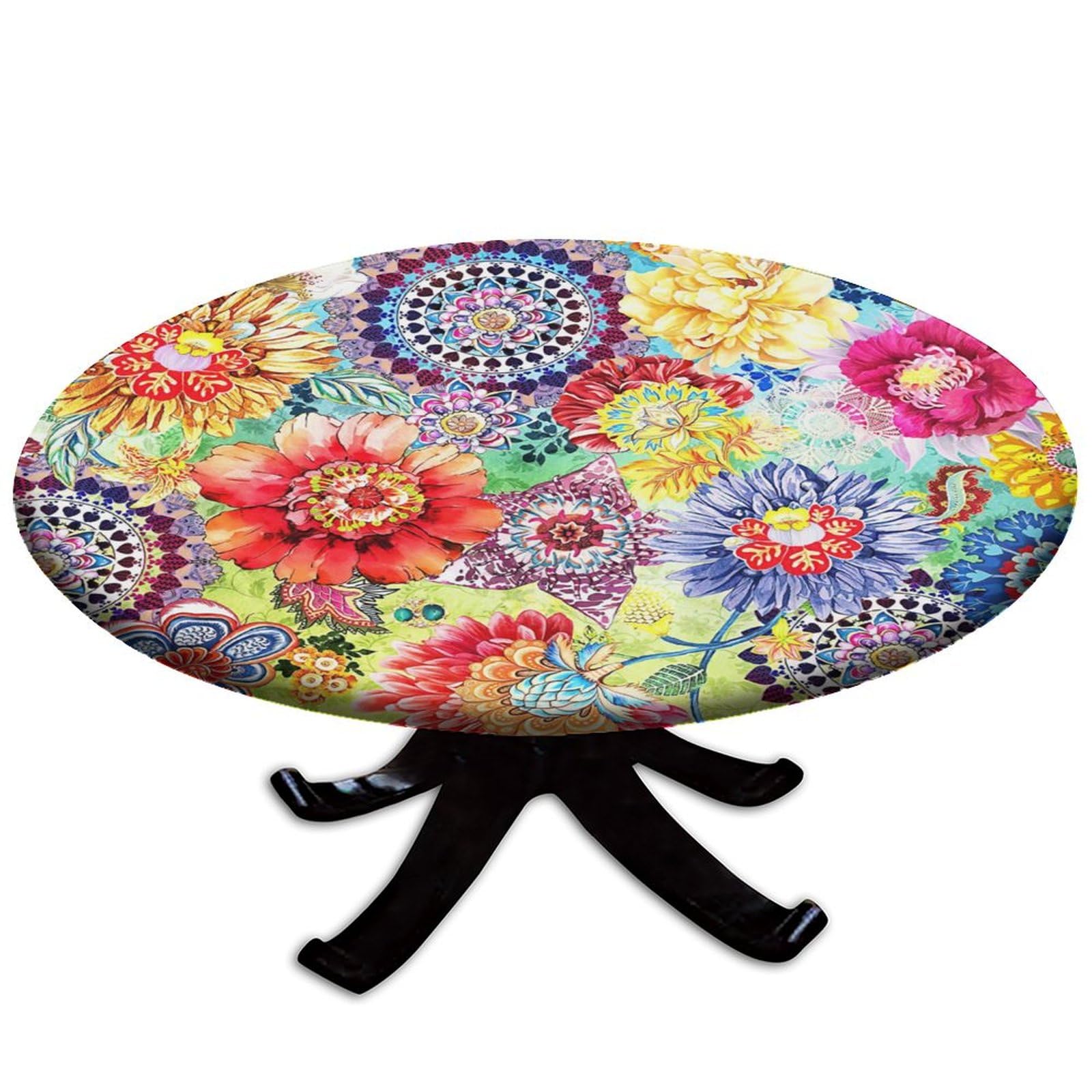 Angelsept Elastic Edge Fitted Round Tablecloth, Floral Boho Colorful Bohemian Polyester Table Cover, Great For Outdoor Home Kitc