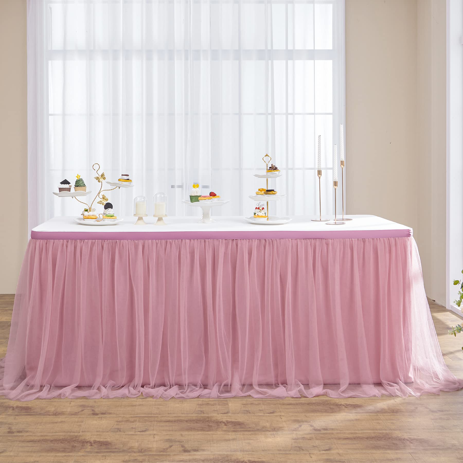 167in Dusty Rose Tulle Table Skirt for Rectangle Tables 6/8ft, 2-Layer Gold Grim Blush Pink Ruffle Tulle Tutu Cloth Table Skirt 