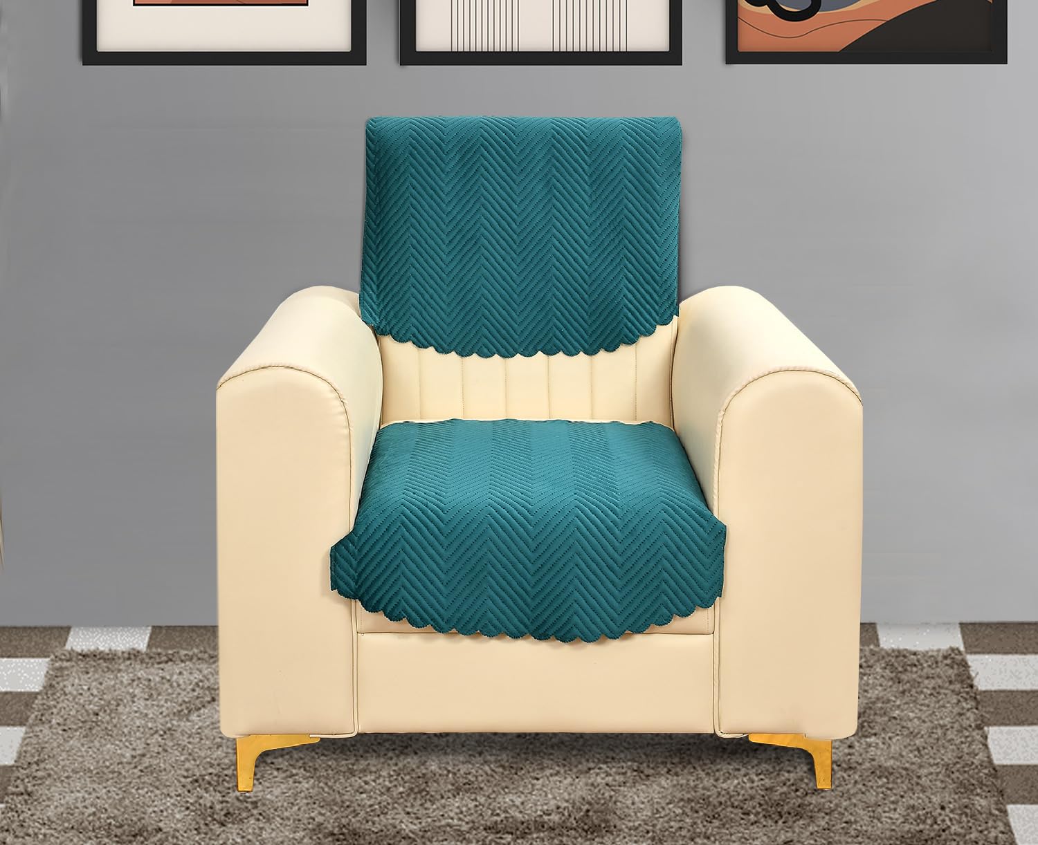 Yellow Weaves Velvet 1 Seater Quilted Sofa Chair Cover, Seat & Back Cover, Color - Teal Blue