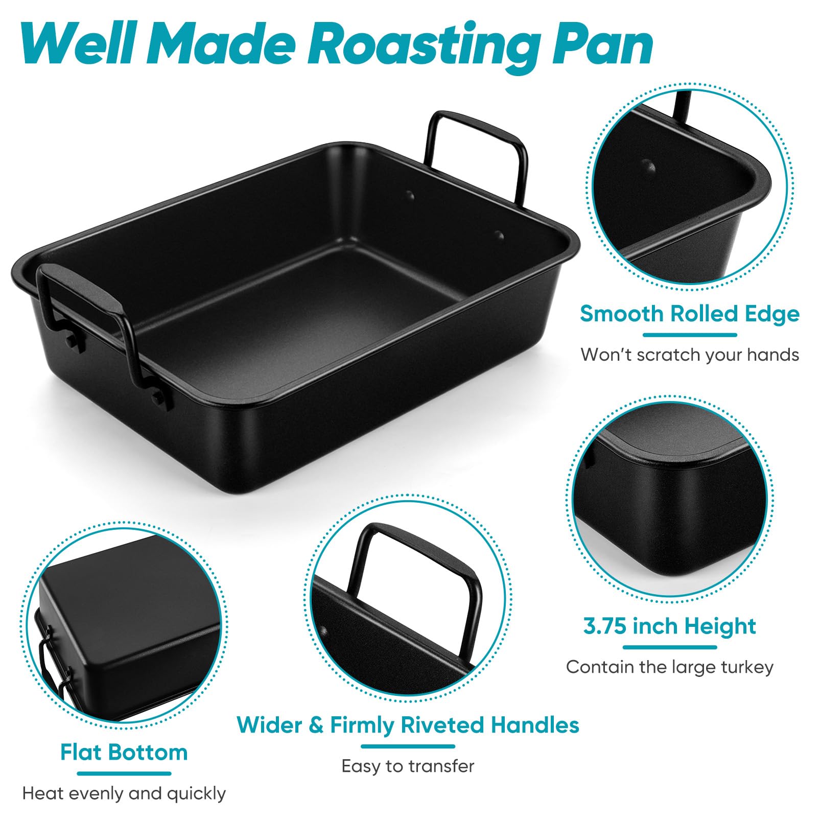 Teamfar Roasting Pan, 15 Nonstick Deep Lasagna Brownie Turkey Pan With V-Shaped Rack & Cooling Rack, With Stainless Steel Core &