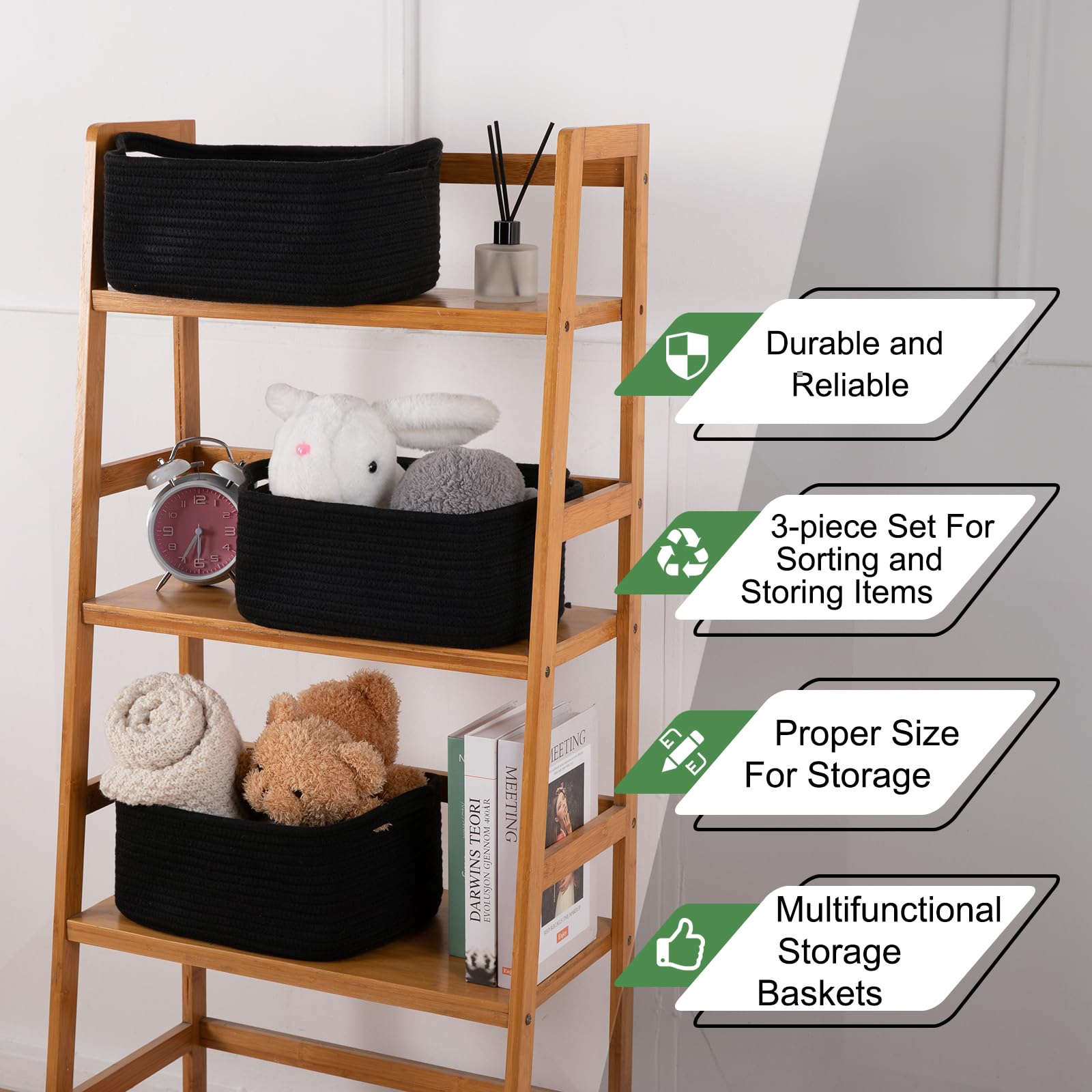 Oiahomy Cotton Rope Woven Baskets For Storage, Nursery Rectangle Storage Basket With Handles For Shelves, Pack Of 3, Black