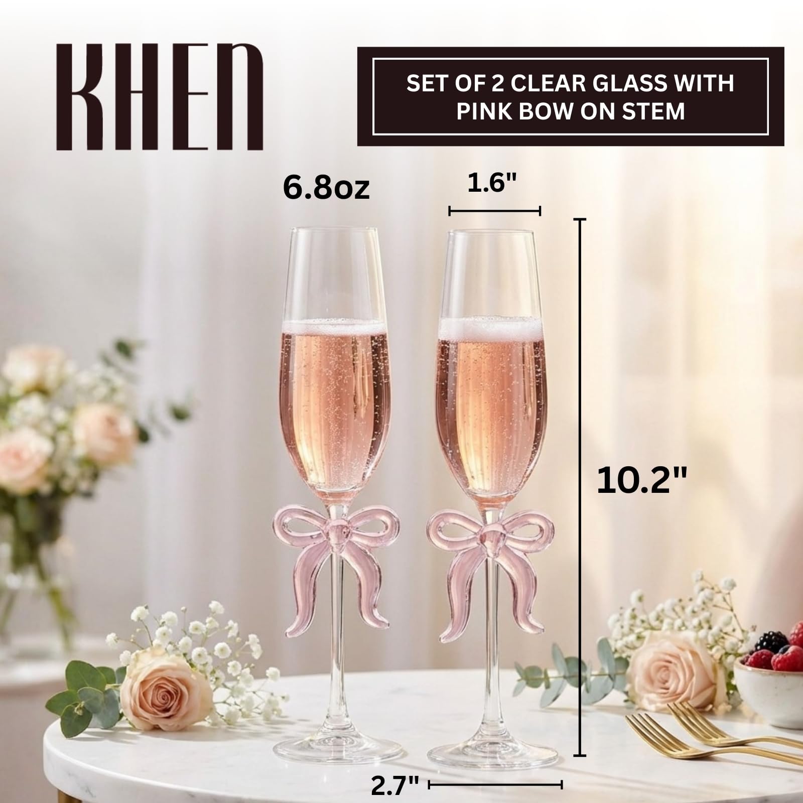 Clear Champagne Glass with Pink Bow on Stem, Set of 2