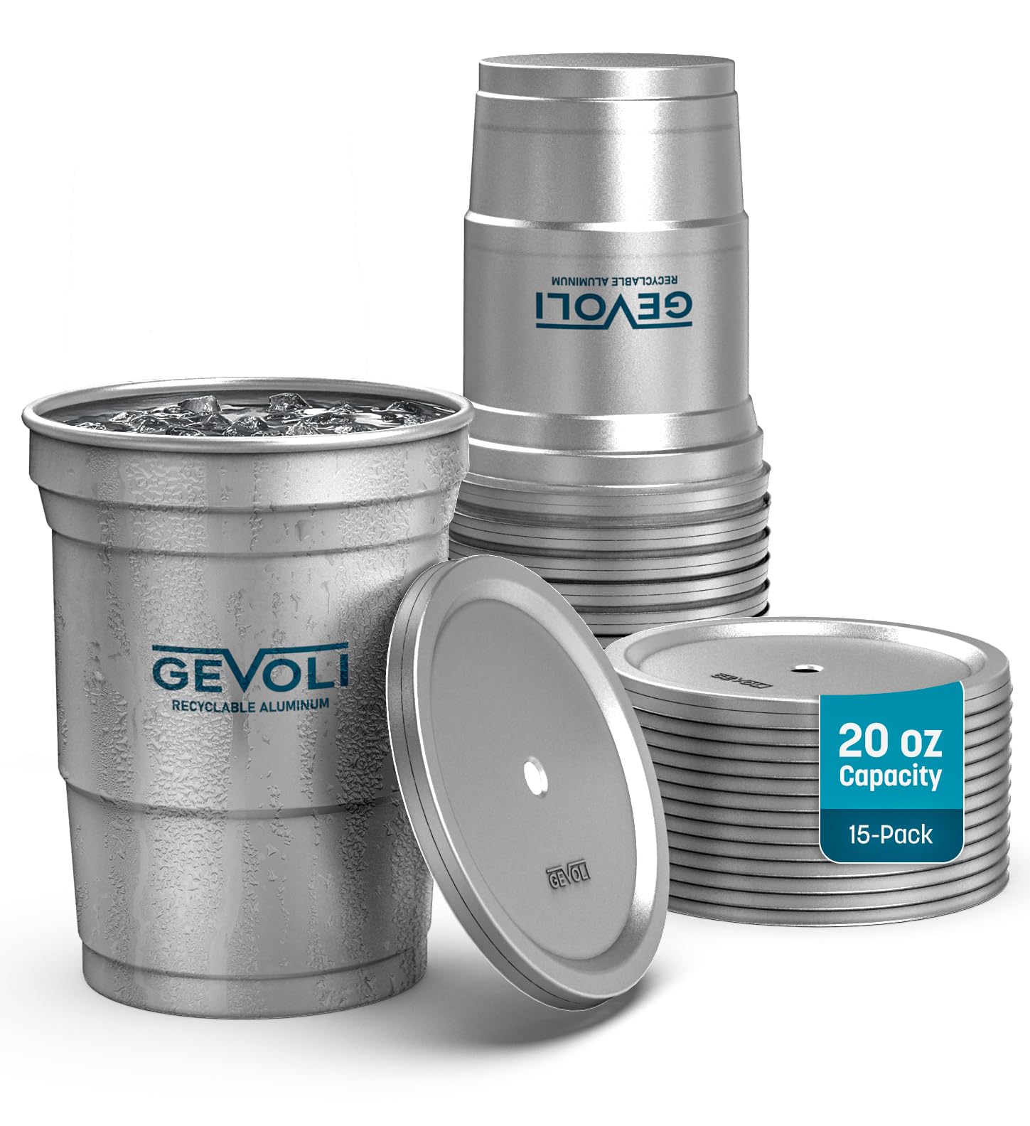 Gevoli 20 Oz Recyclable Aluminum Cups with Lids (15 Pack)