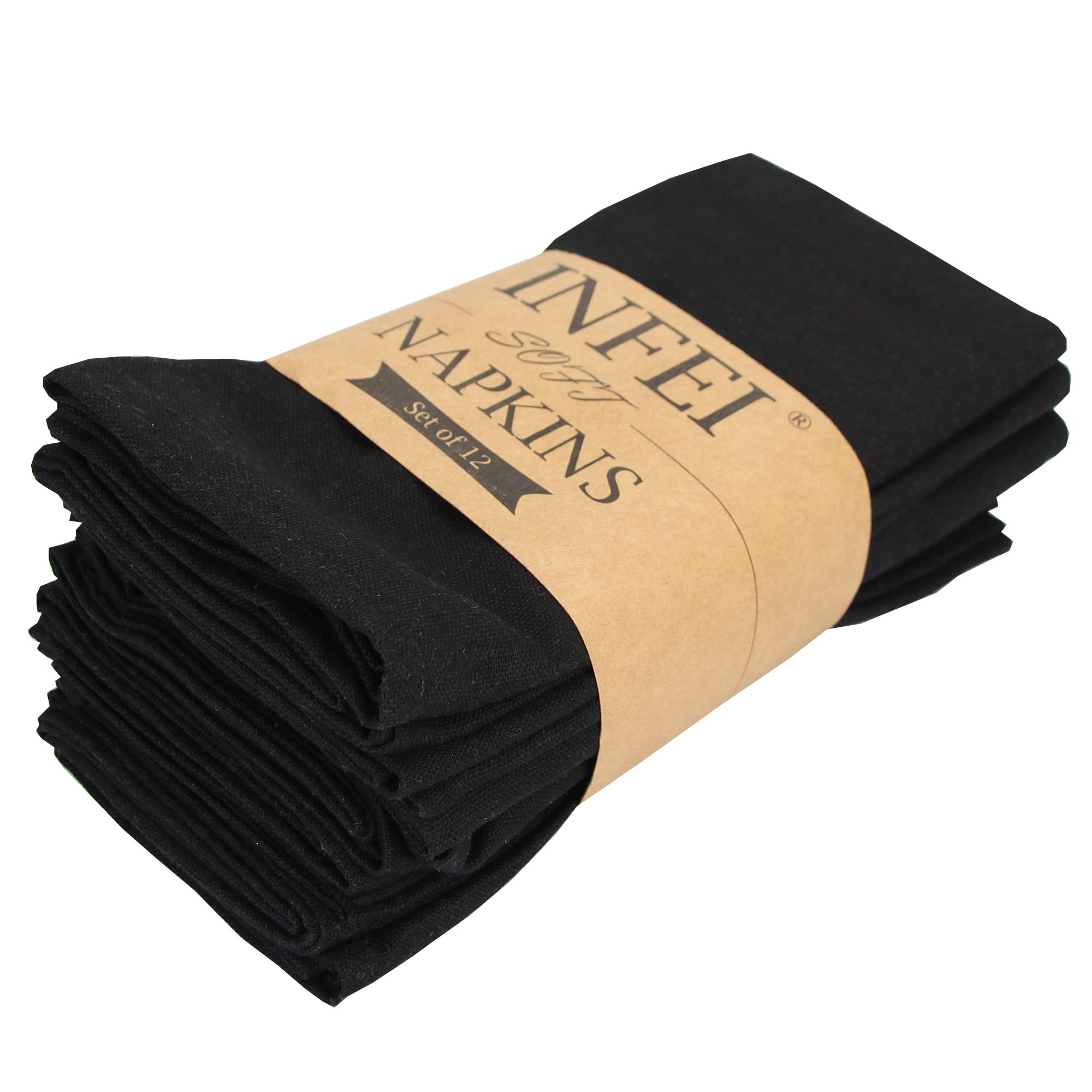 Infei Solid Color Cotton Linen Blended Thin Dinner Cloth Napkins - Set Of 12 (40 X 40 Cm) - For Halloween Events & Home Use (Bla