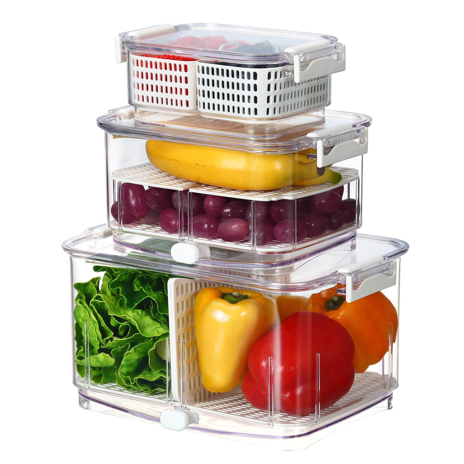 Felli Duo Fresh Produce Saver for Fridge, Fruit Vegetable Container with Vent & Drainage in Bottom for Wash, Colander Strainer S