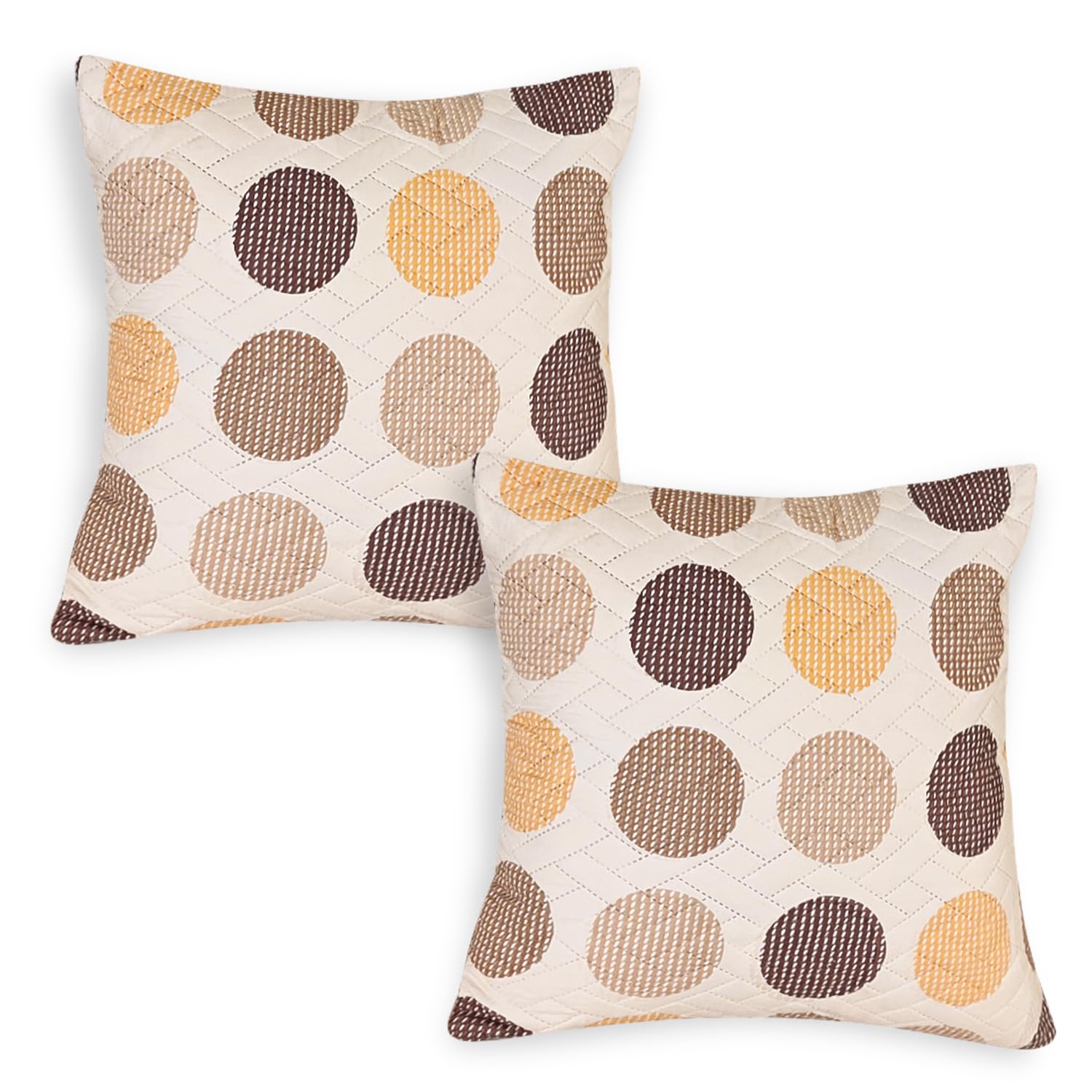 Hokipo Homehues Series Printed Quilted Cushion Cover For Sofa 16X16 Inches, Set Of 2, Brown Polka Dot (In-819-D4*2)