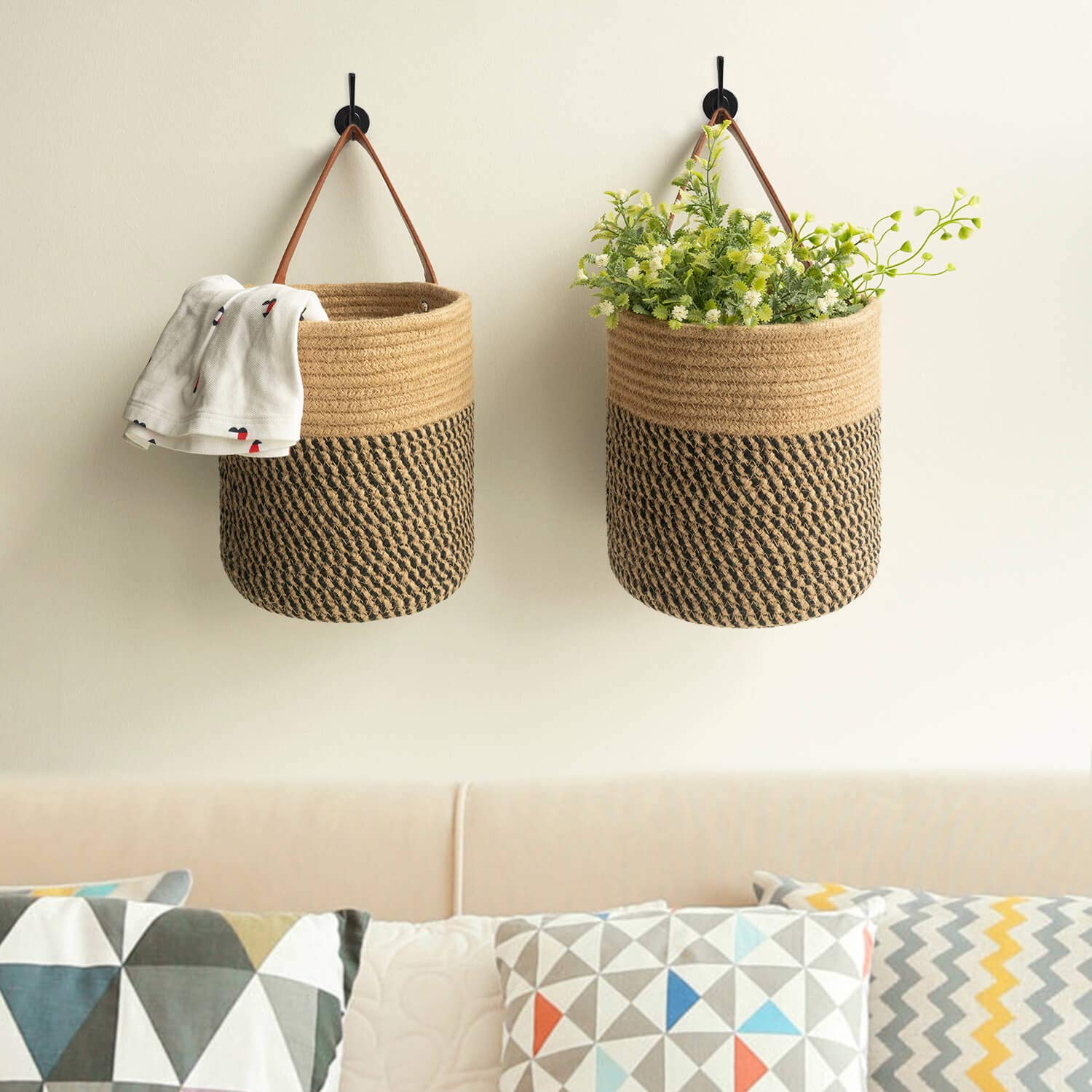 Goodpick 2Pack Jute Rope Hanging Basket - 7.87 '' X 7 '' Small Woven Fern Wall Hanging Basket Flower Plants, Jute Woven Basket K