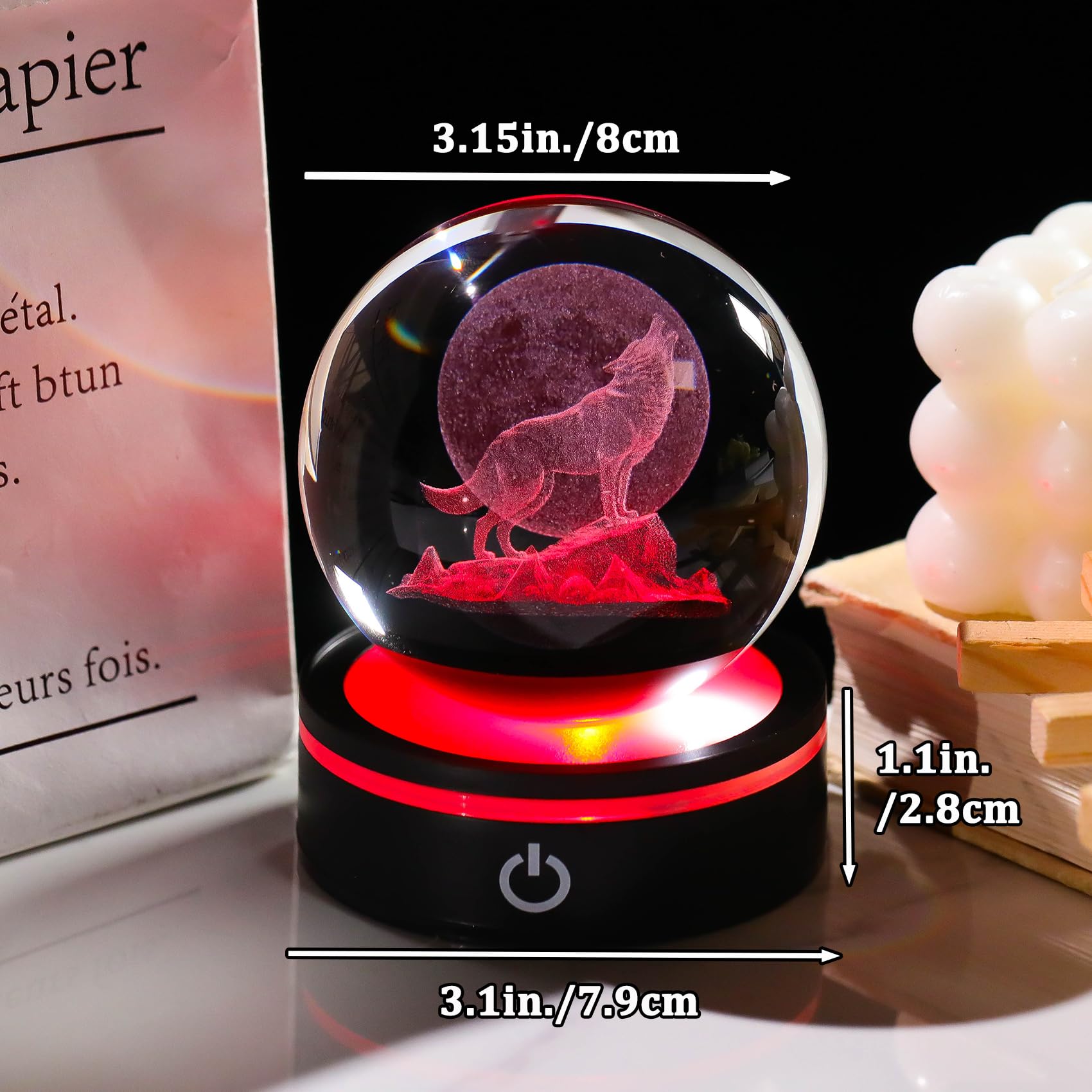YWHL 3D Crystal Ball Moon Wolf Figurine with Colorful LED Base, Laser Wolf Gifts for Women Men Wolves Lovers on Christmas Birthd