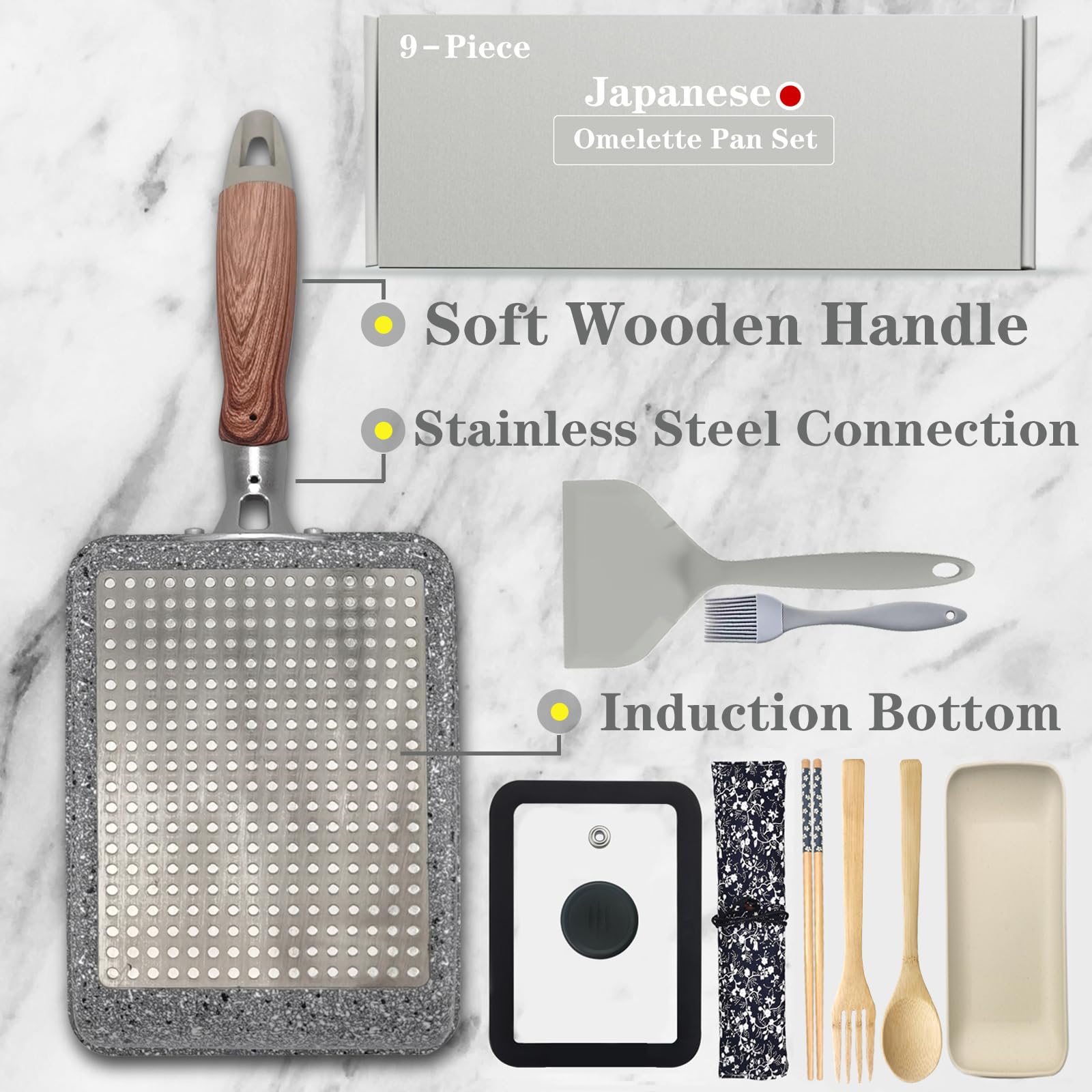 Dxbviex 9 Pcs Tamagoyaki Pan Set, Japanese Omelette Pan Nonstick With Lid, Square Japanese Egg Pan, Rectangle Tamago Pan 7'' X 5