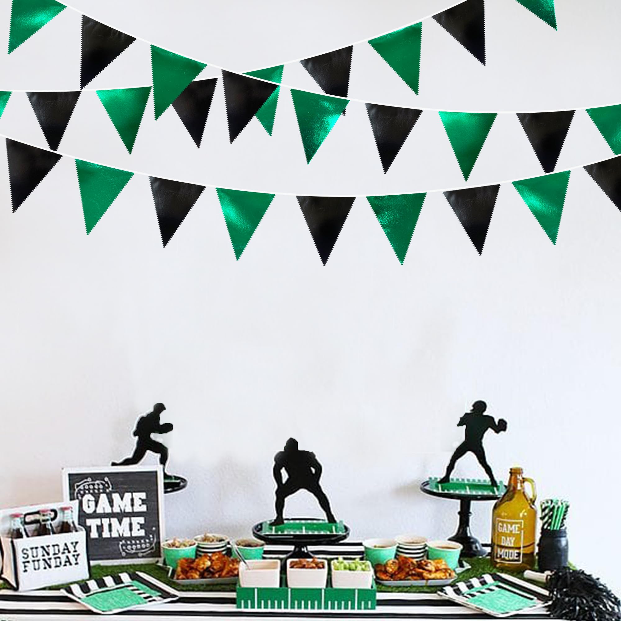 Black Green Party Decorations Metallic Fabric Triangle Pennant Banner Flag Bunting Garland For Video Game Soccer Birthday Gradua