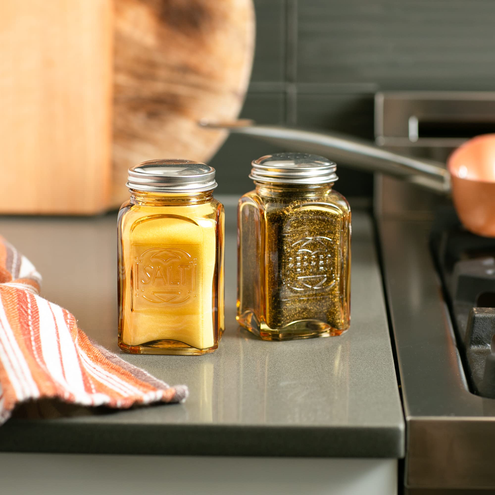 Rsvp International Retro Glass Salt & Pepper Shaker  Stainless Steel Lids , 8 Oz, Amber