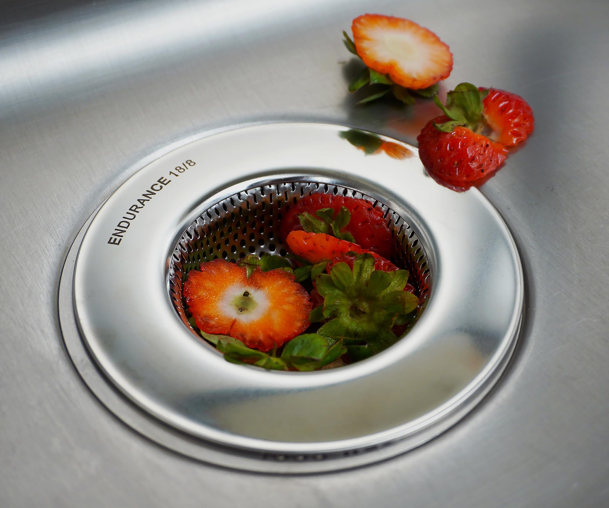 RSVP International Stainless Steel Large Sink Strainer, 4.5", Dishwasher Safe, Polished Finish, Model 8032, Traps Food Scraps