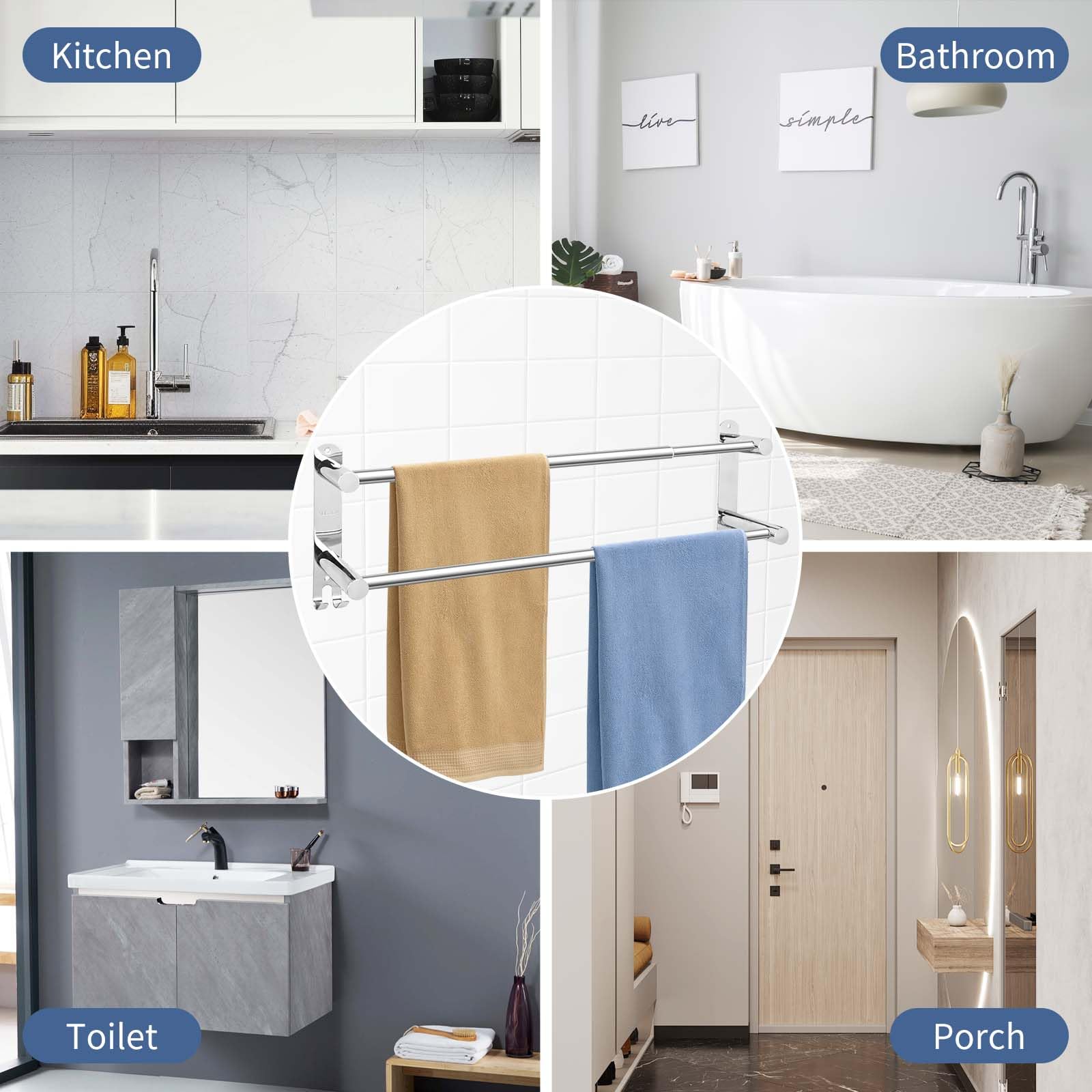 Kahcnvn Towel Racks For Bathroom, 24Inches Adjustable Towel Rack, Stainless Steel Screw Mounting Bathroom Towel Holder, Tape Hoo