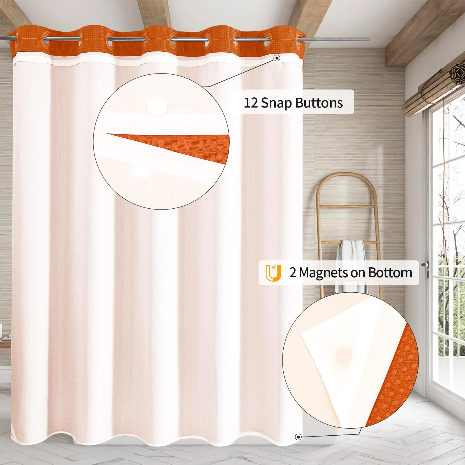 Mitovilla No Hooks Needed Extra Long Shower Curtain Set With Snap-In Liner, Orange 86 Inch Xl Heavyweight Waffle Fabric Cloth Sh