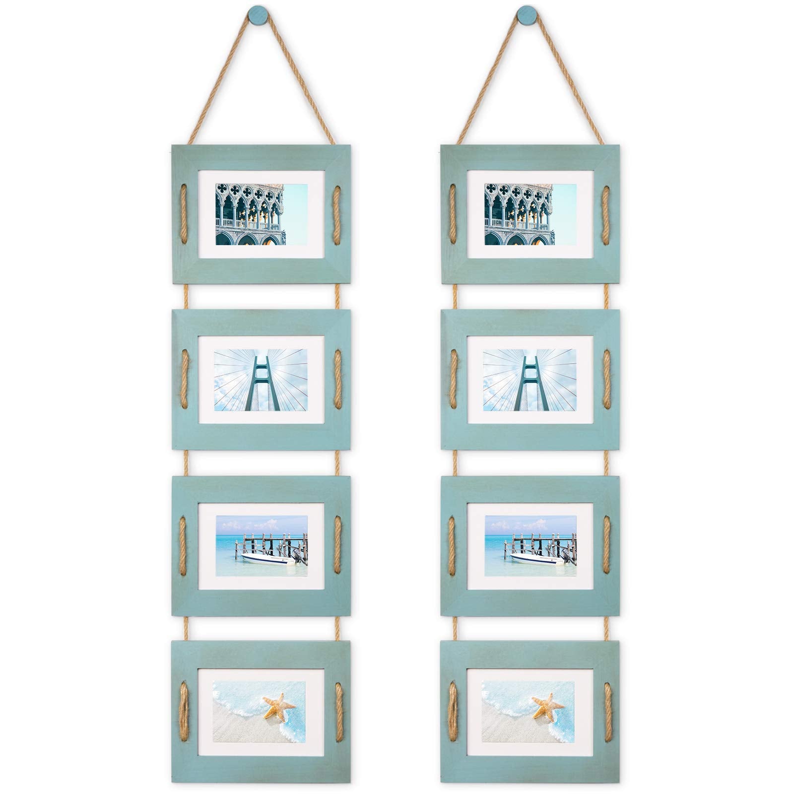 DLQuarts 5x7 Hanging Collage Picture Frames Wall Decor, 4-Opening 5x7 Matted to 3.5x5 Photo Rustic Wood Frame with Hemp Rope, 2 