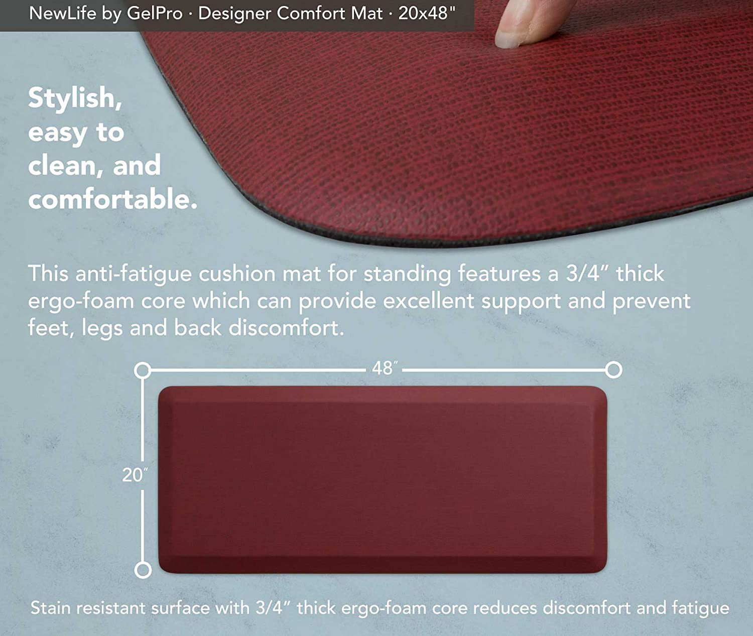 Newlife By Gelpro Anti-Fatigue Designer Comfort Kitchen Floor Mat, 20X48   , Grasscloth Crimson Stain Resistant Surface With 3/4