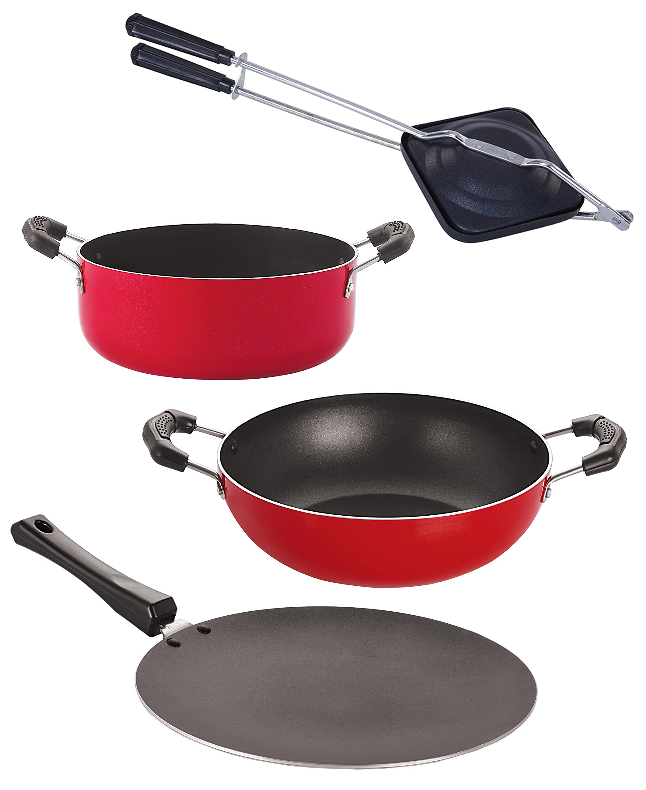 Nirlon Kitchen Utensils Nonstick Cookware 4 Pieces Set (1 Concave Tawa 27.5Cm /1 Kadhai 2 Ltr/1 Hand Toster/1 Casserole 3.1 Ltr)