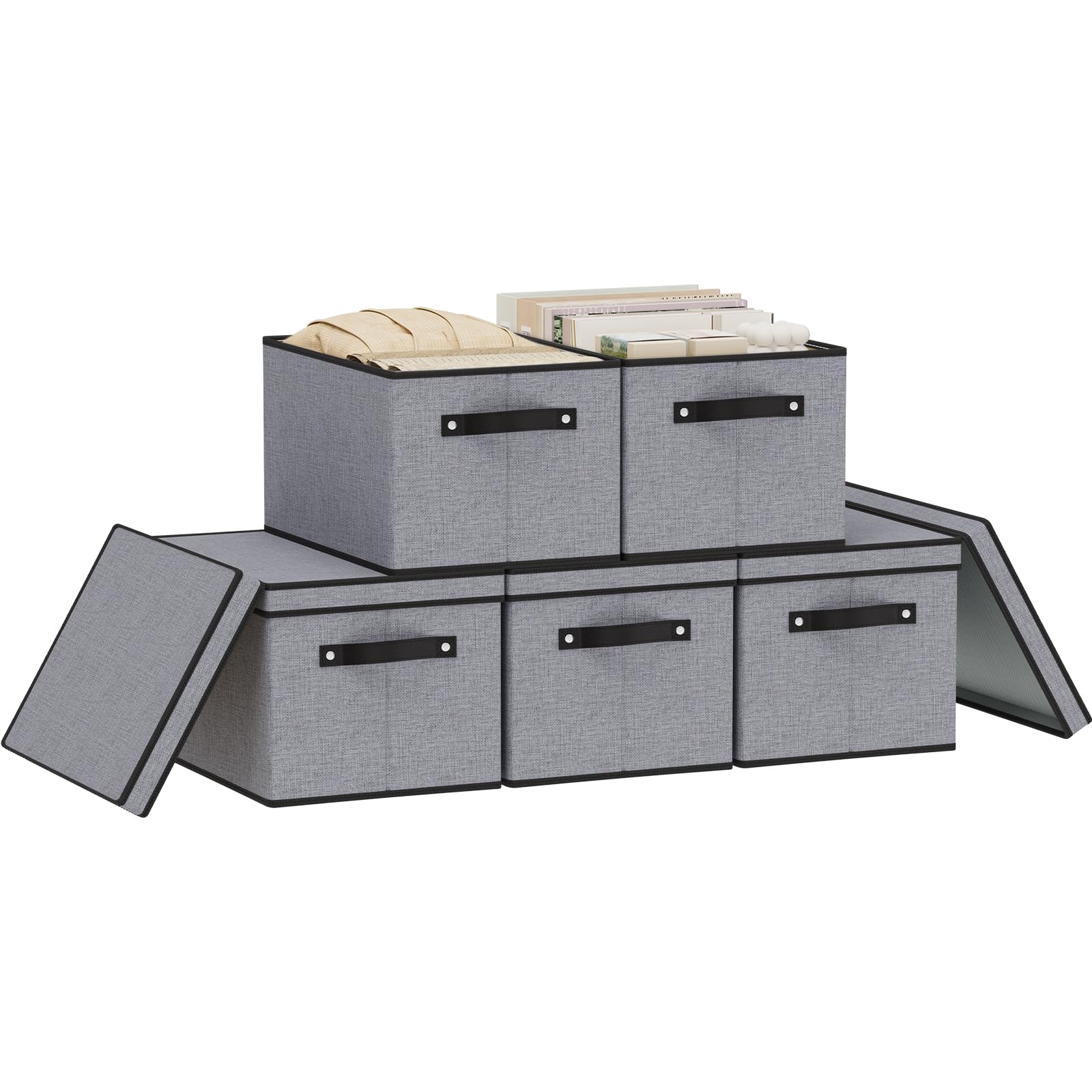 YheenLf Fabric Storage boxes  16.5 * 11.8 * 10.2inch Storage Baskets for Shelves with Lids  Fabric Storage Bins with Handles  Decorative Linen Closet Organizers Boxes  Large  Gray  5-Pack