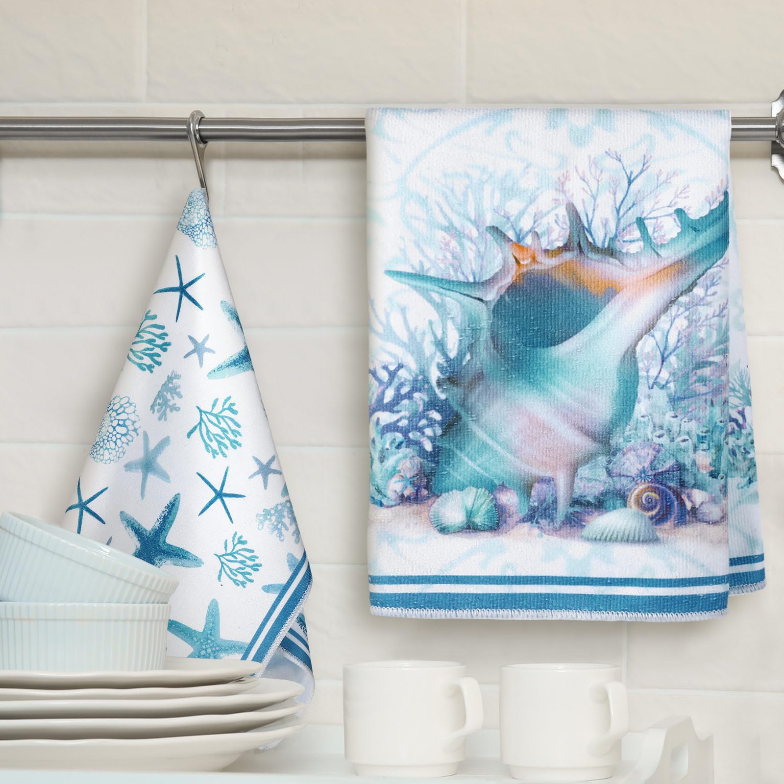 Boyiee Set of 6 Beach Kitchen Towels, Ocean Color, 24x16 Inches, Absorbent Microfiber, Nautical Shell & Starfish Design