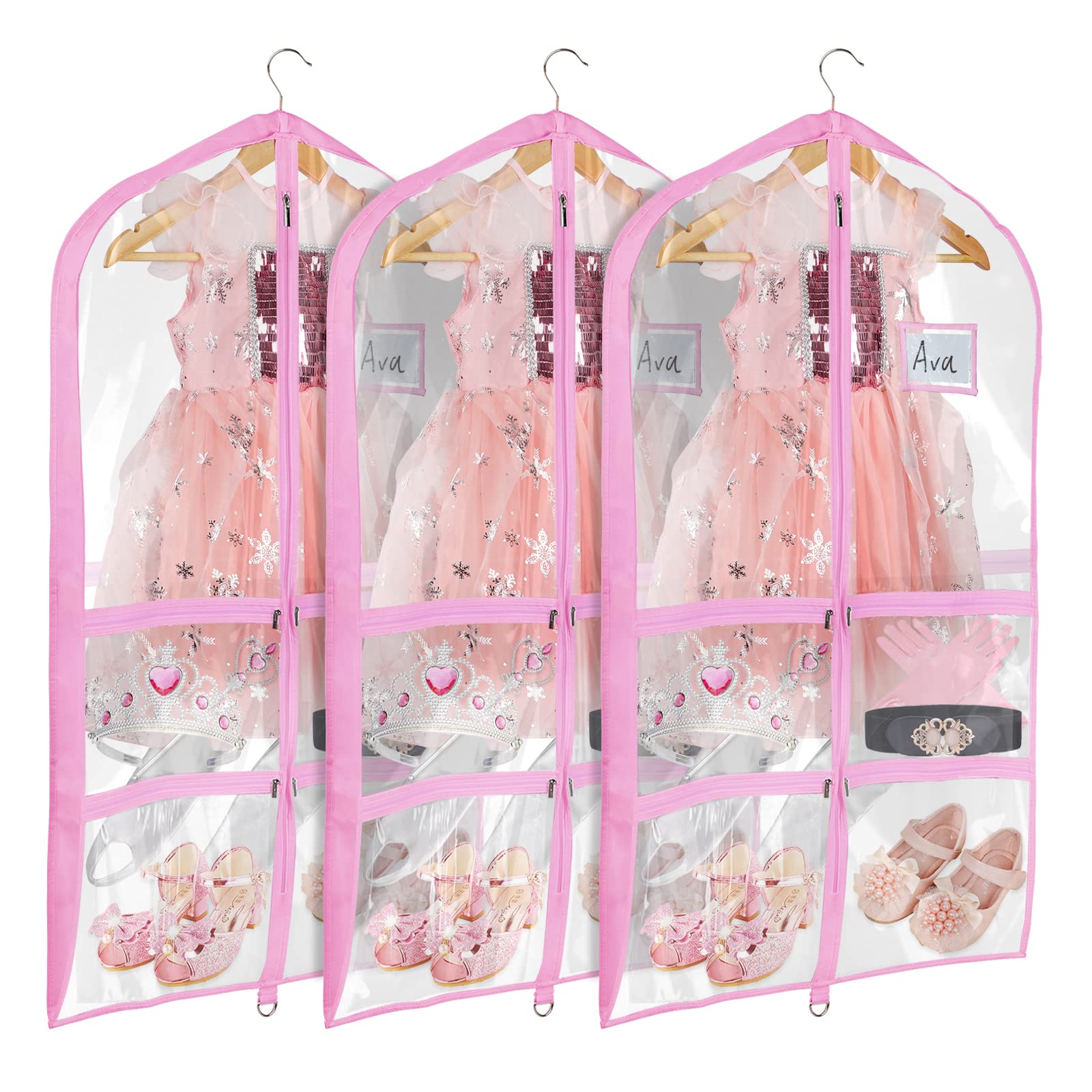 Univivi Clear Pink Pvc Dance Costume Bags (3 Pack) Garment Bag 40 Inch For Dance Competitions, With 4 Medium Clear Zipper Pocket