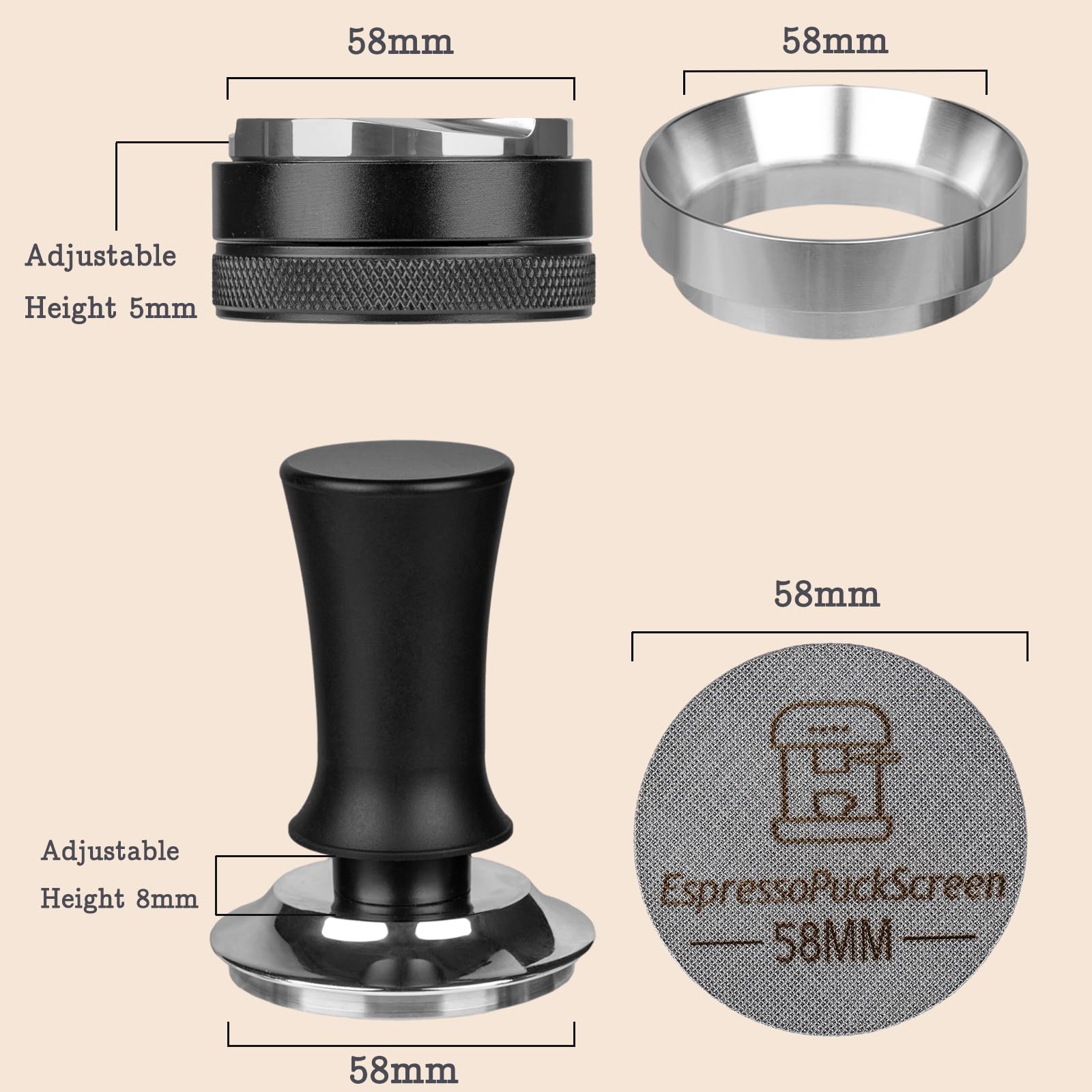 58Mm Espresso Tamper Set - Spring-Loaded Coffee Tamper, Adjustable Depth Espresso Distributor Leveler, Magnetic Dosing Funnel Al