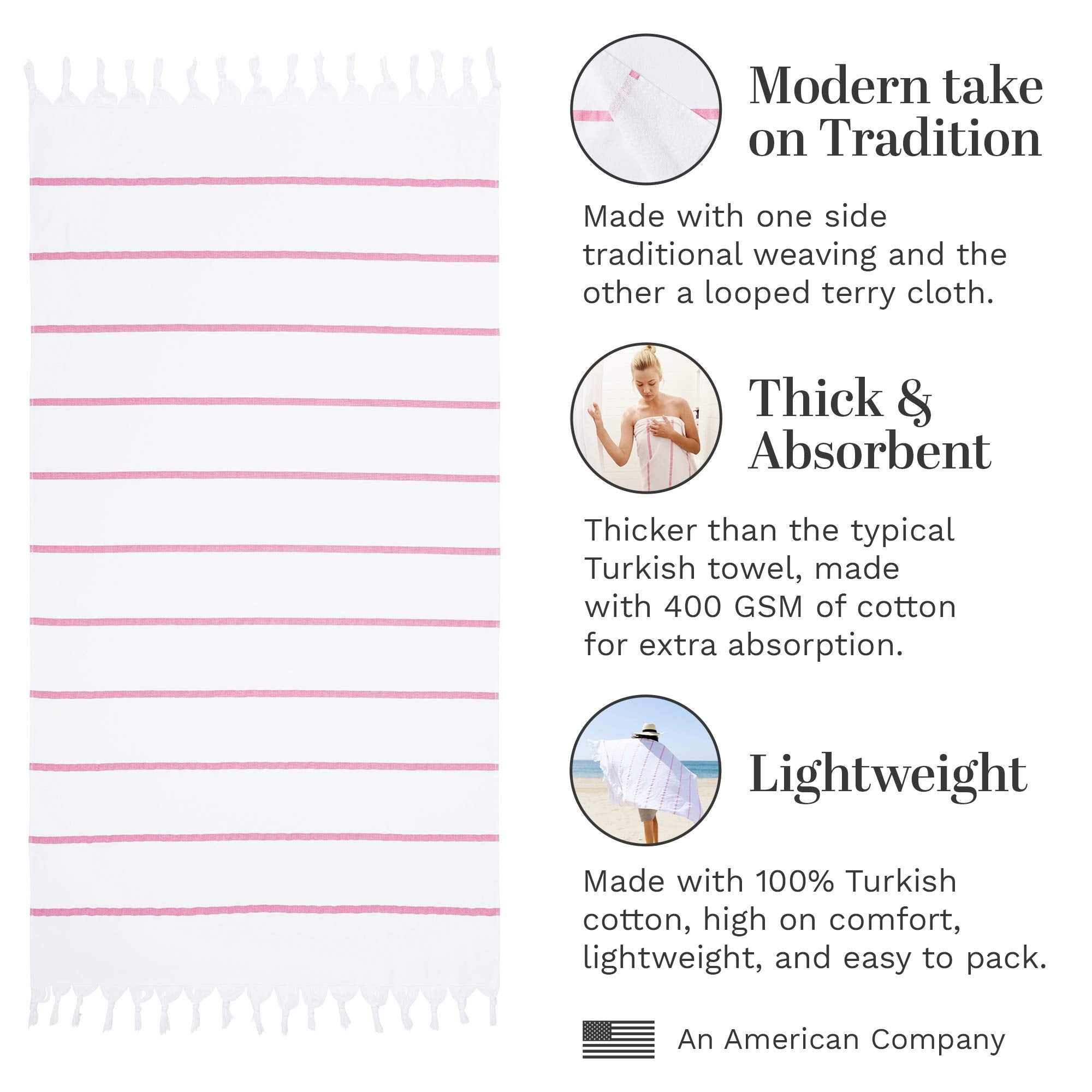 Laguna Beach Textile Co. Soft Turkish Fouta Beach Towel - Flamingo Pink Stripe, 400 Gsm