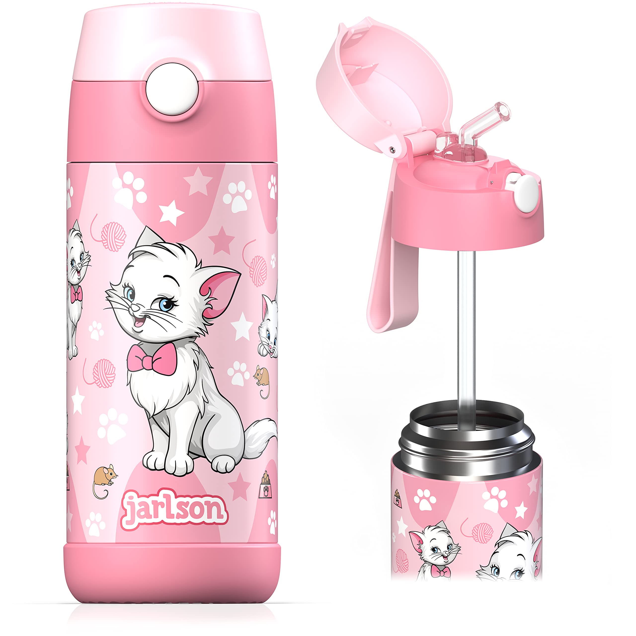 JARLSON kids water bottle with straw - CHARLI - insulated stainless steel water bottle - thermos - girls/boys (Cat Star, 12 oz