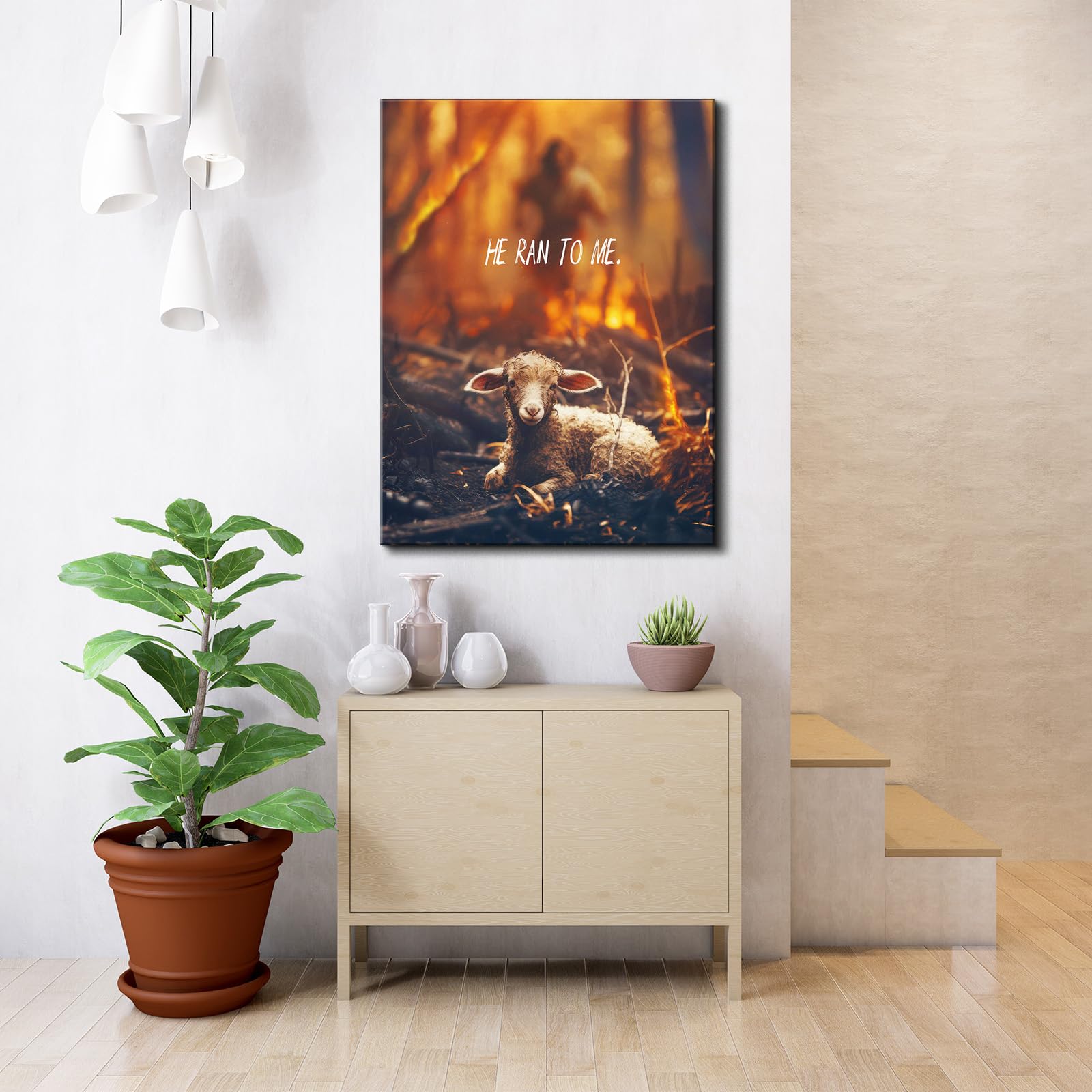 Yonica Jesus Rescues Lost Lamb From Flames Picture Religious Canvas Wall Art Christian Prayer Canvas Print Lamb Of God Canvas Fo