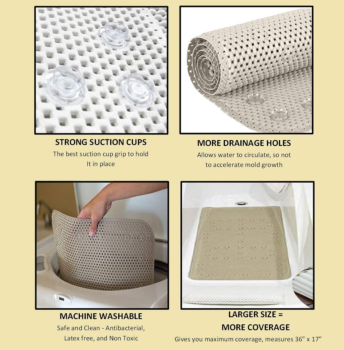 Deluxe Bathtub Mat Non Slip  Soft Foam Bath Mats for Bathroom Tub  Bathtub Mat with Drain Holes  Suction Cups- 36 X 17 - Grey