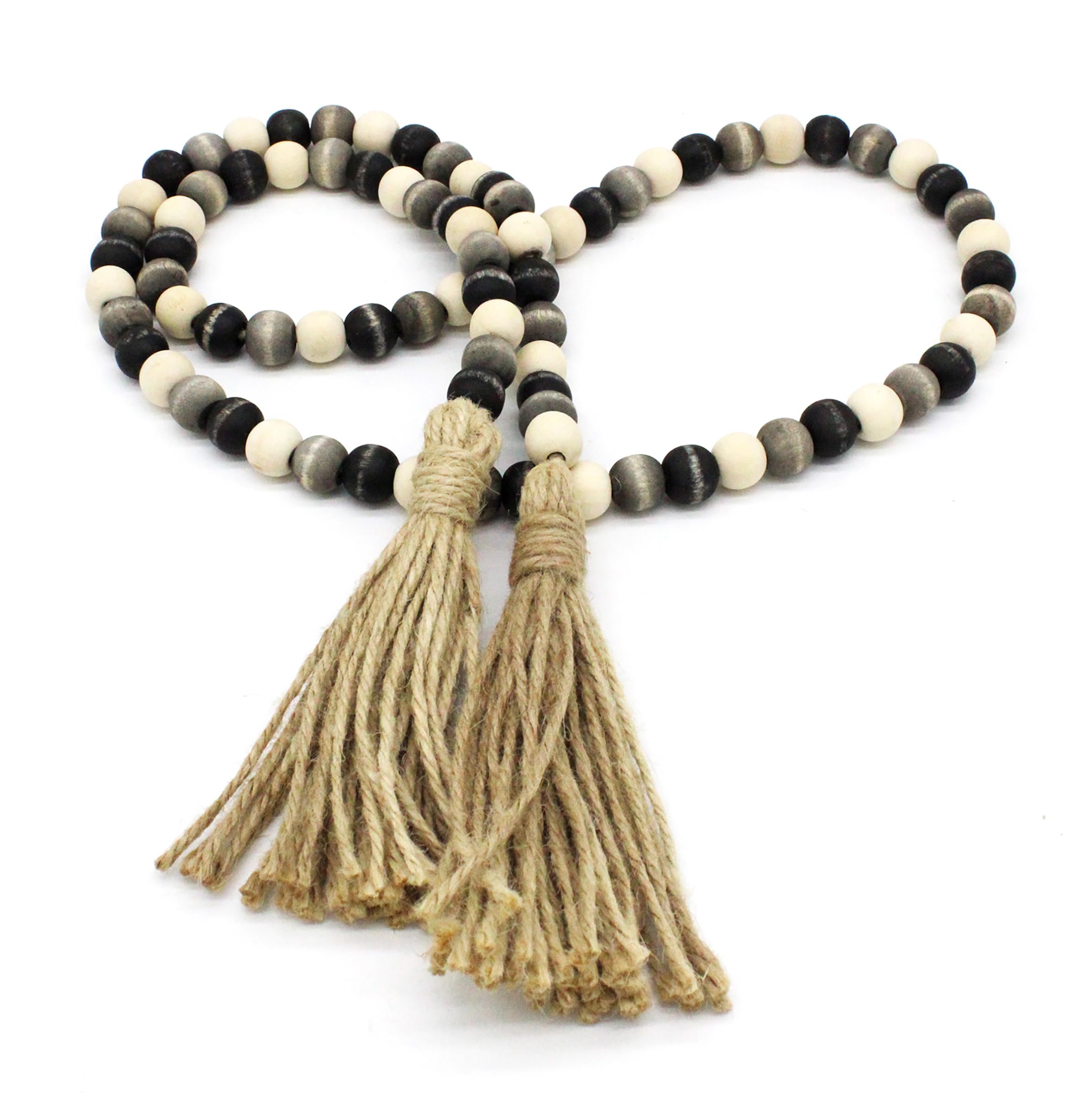 CVHOMEDECO. Wood Beads Garland with Tassels Farmhouse Rustic Wooden Prayer Bead String Wall Hanging Accent for Home Festival Dec