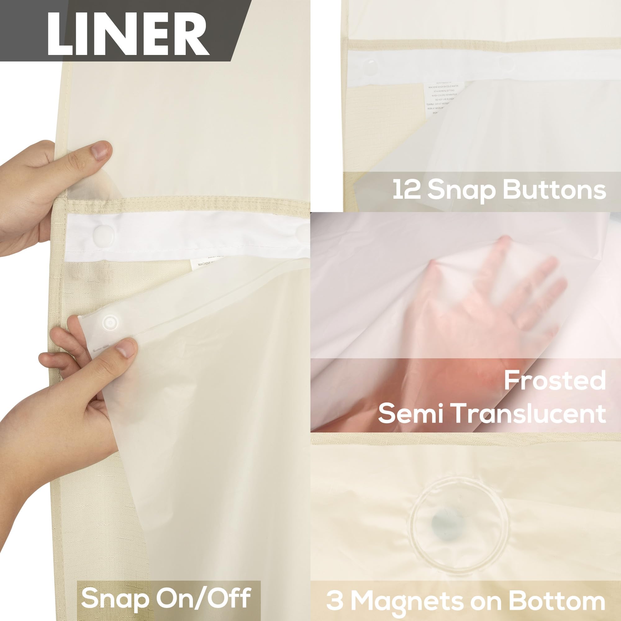 No Hook Slub Textured Shower Curtain with Snap-in PEVA Liner Set - 71'' x 74''(72'')  Hotel Style Beige Shower Curtain with See Through Top Window  Machine Washable & Water Repellent  Linen  71x74