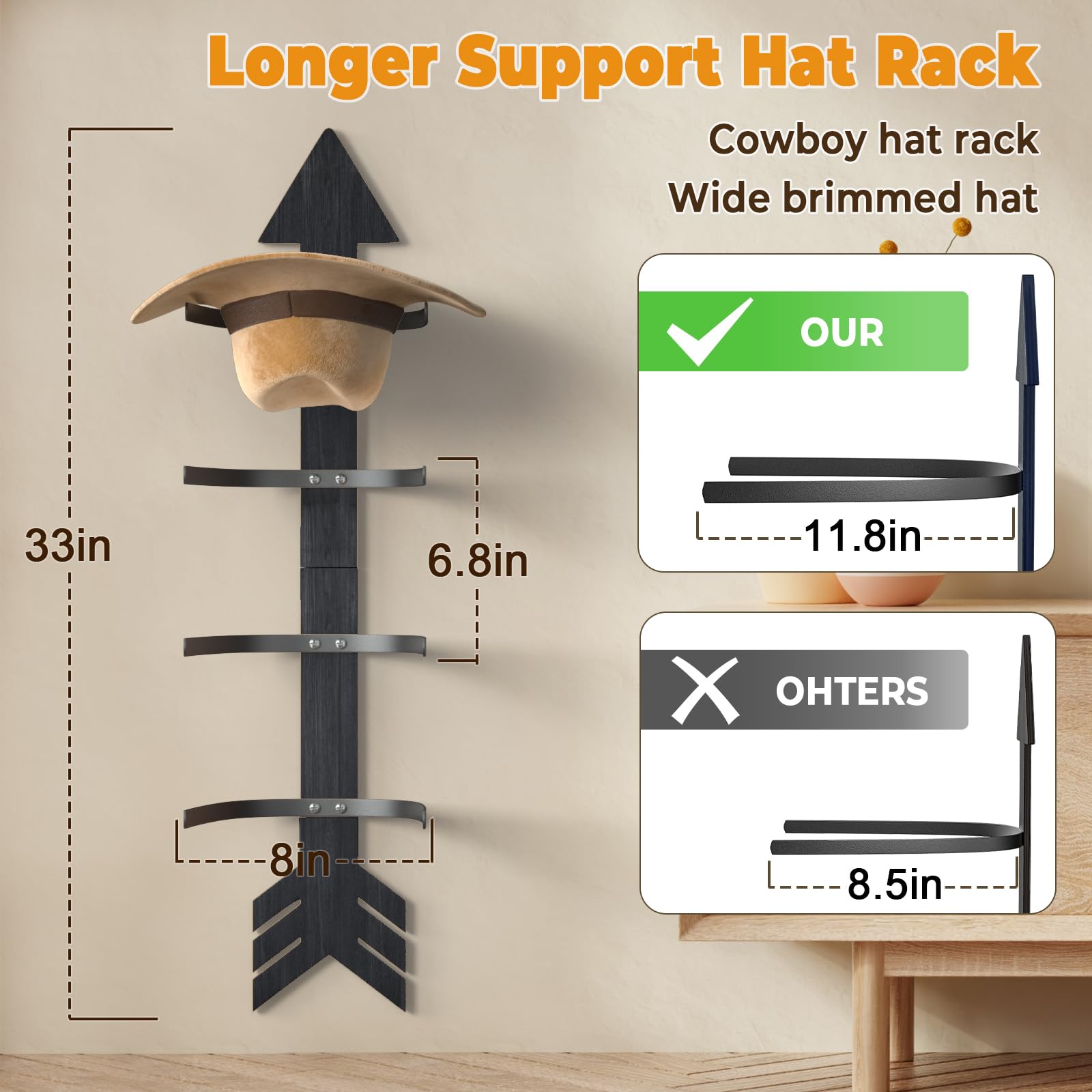 Hydermus Cowboy Hat Holder For Wall Mount 8 Pieces Rustic Wood Arrow Design Hat Rack Cowboy Hat Organizer Western Bedroom Decor