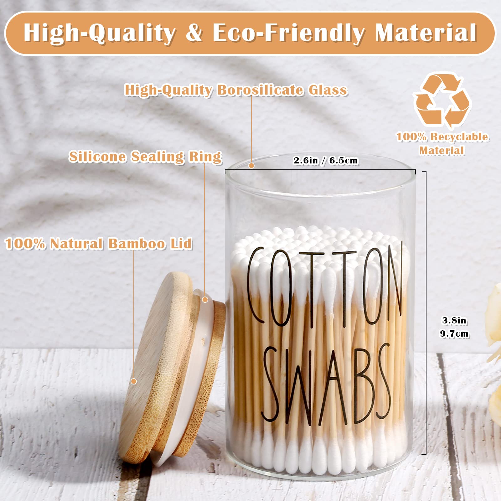 4 Pack Qtip Holder With Lid Set, 10Oz Clear Glass Canister Apothecary Jars Bathroom Organizers And Storage Accessories Vanity Es