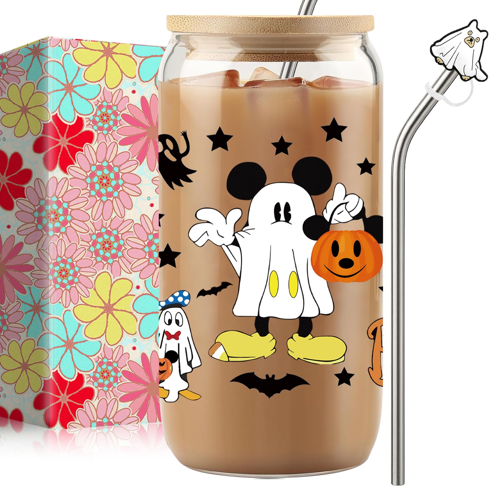 qiyeyeye 16oz Halloween Ghost Glass Cups with Lids and Straws, Cute Mouse and Pumpkin Pattern Design, Iced Coffee Tumblers,Hallo