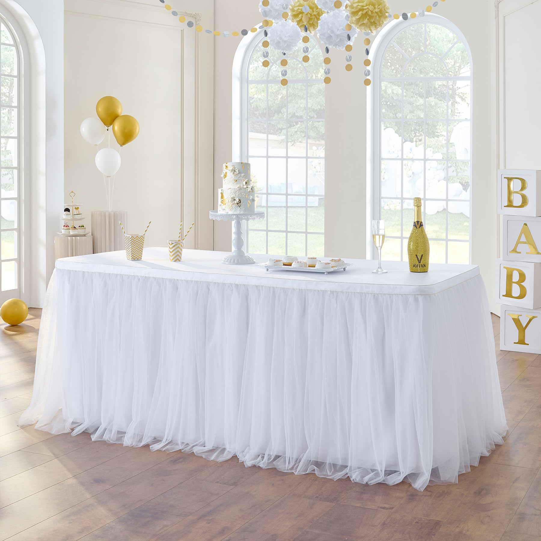 132in White Tulle Table Skirts for Rectangle Tables 8/6/4ft, 2-Layer Gold Grim Ruffle Tulle Tutu Cloth Table Skirt 11ft Long for