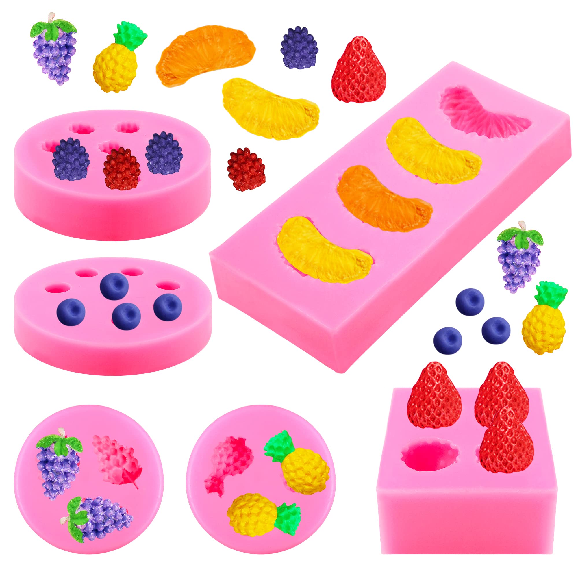 6 Pieces Fruit Shaped Jelly Molds Fruit Silicone Molds Strawberry Mold Orange Pineapple Mulberry Blueberry Grape Fondant Molds W